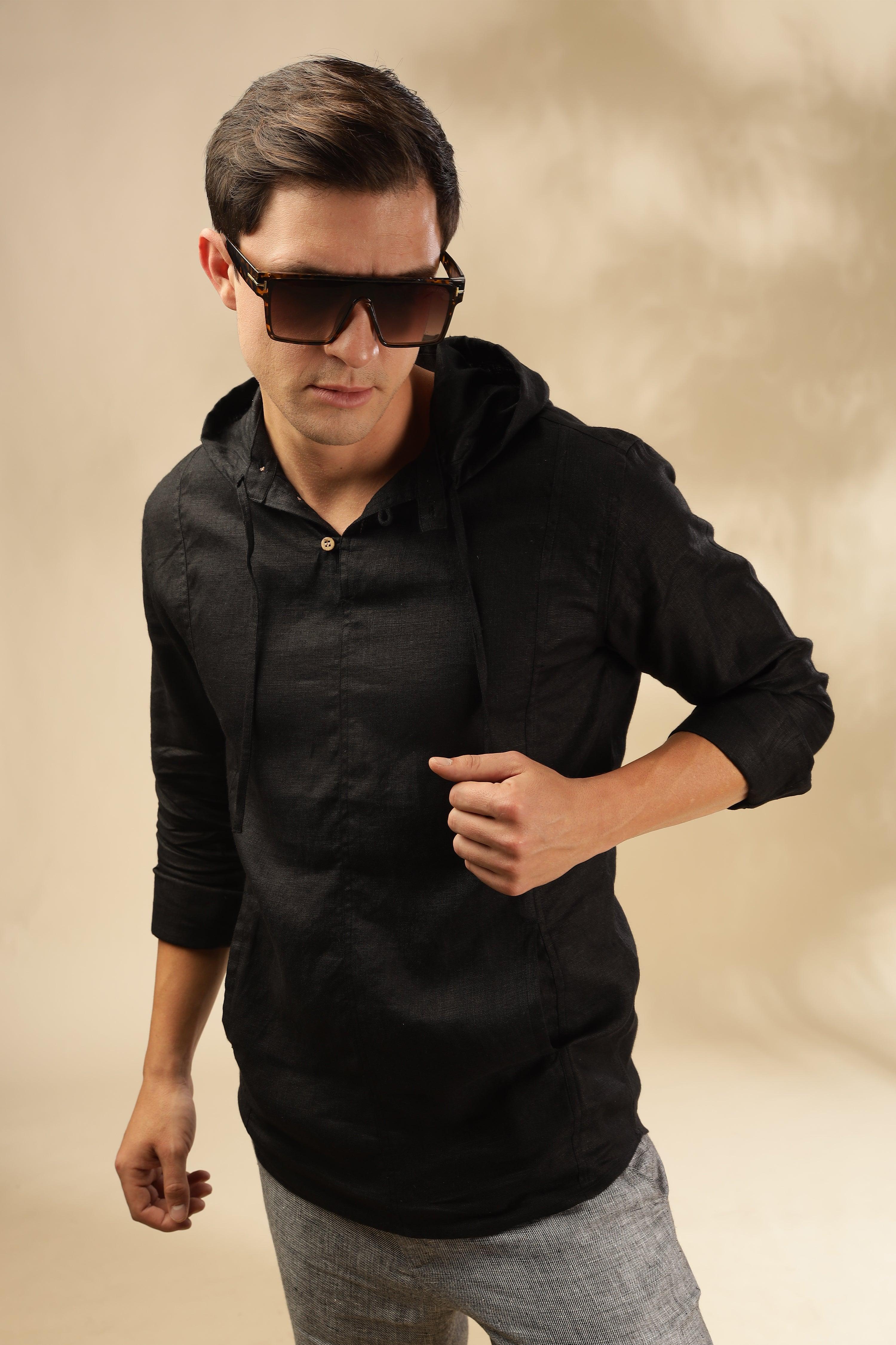 Tom - The Pure Linen Hooded Shirt Black