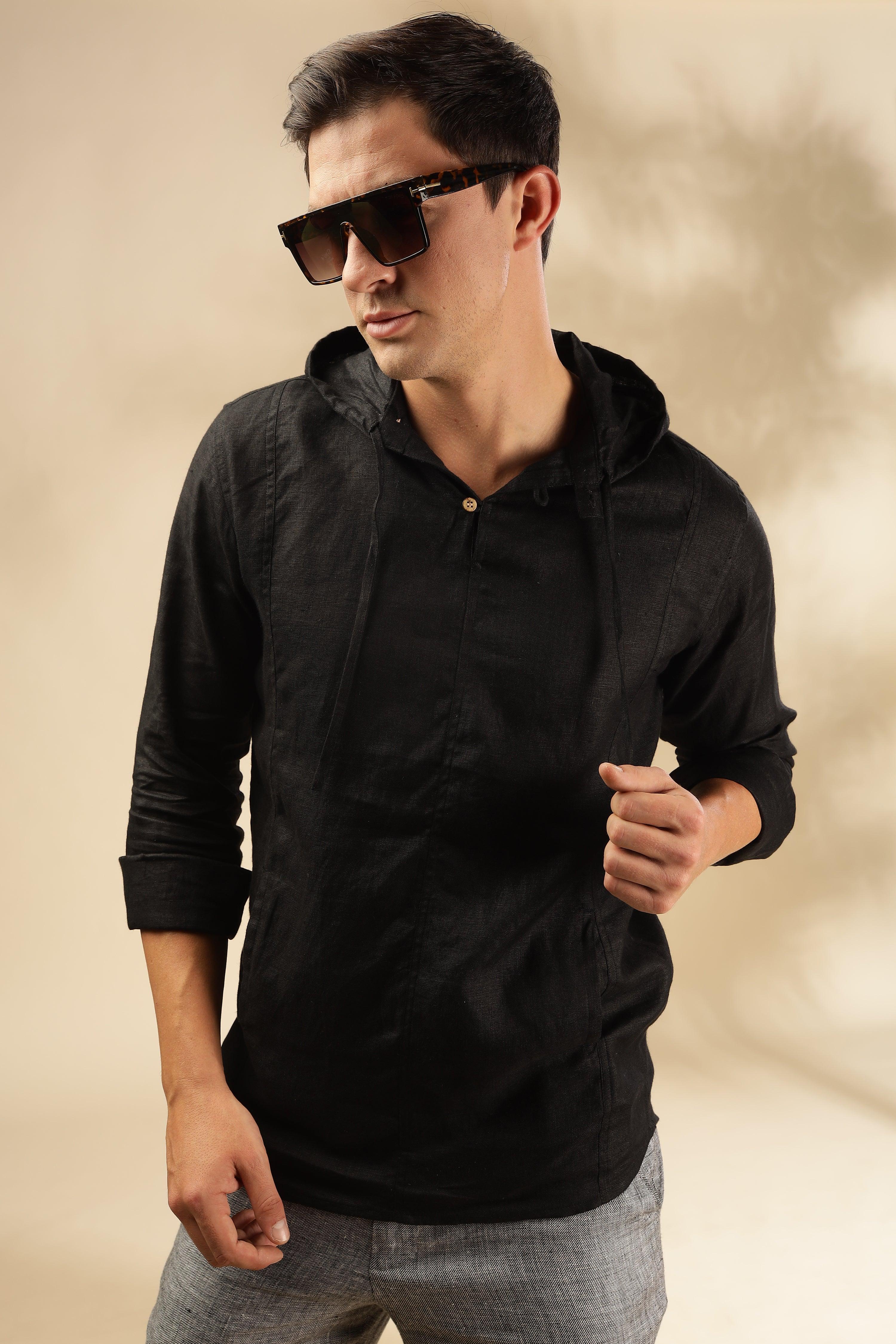 Tom - The Pure Linen Hooded Shirt Black