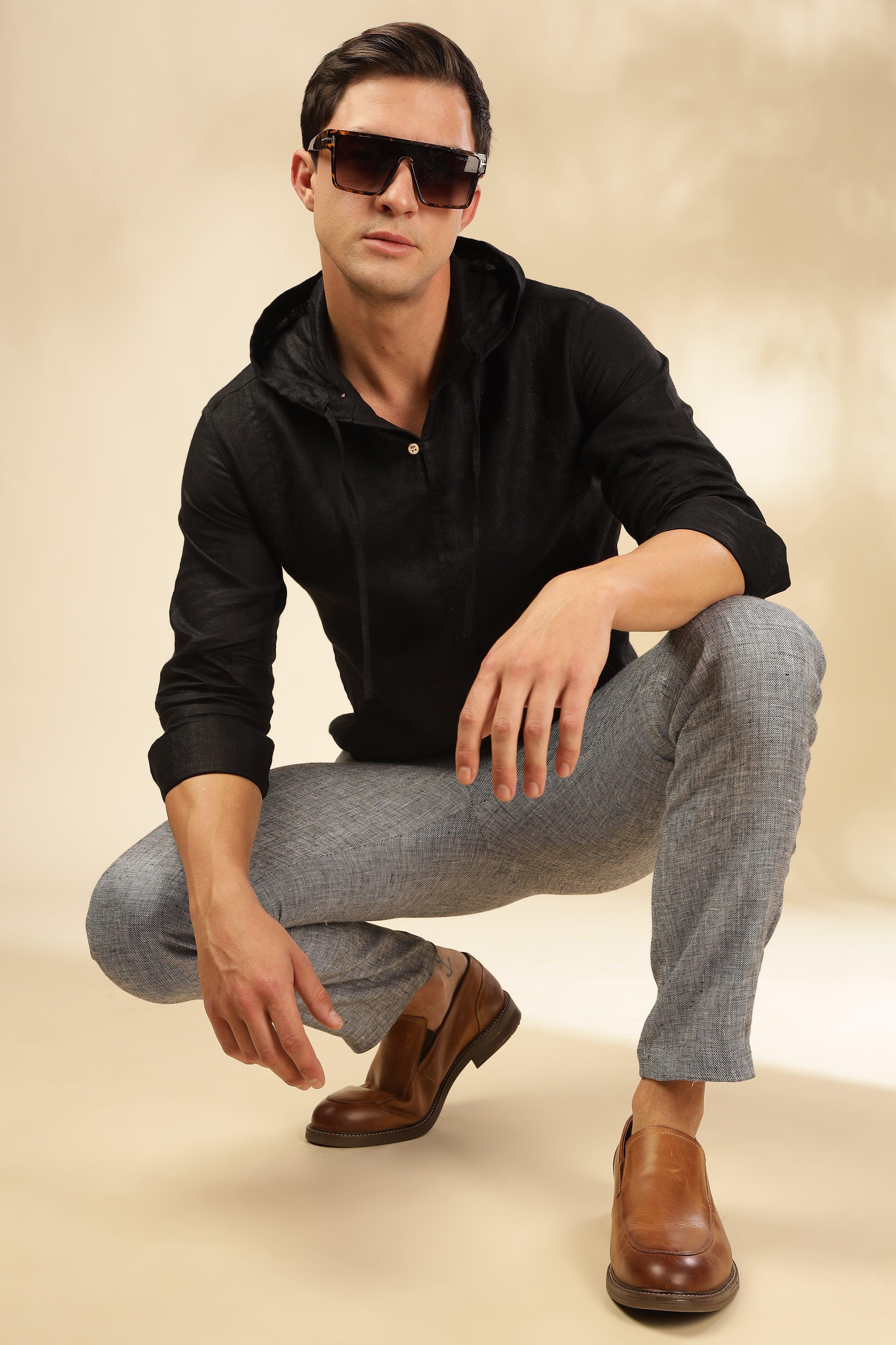 Tom - The Pure Linen Hooded Shirt Black