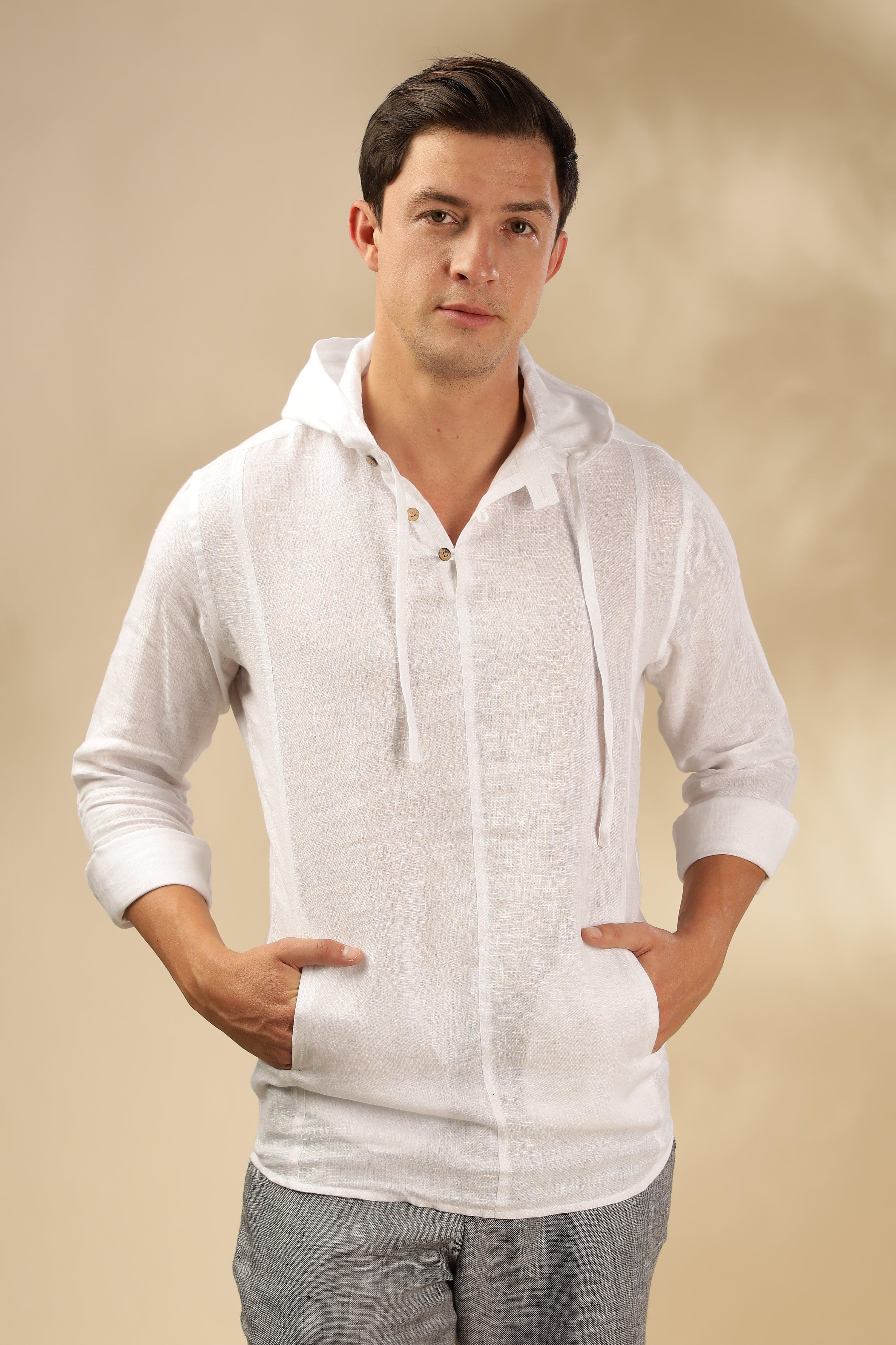 Tom - The Pure Linen Hooded Shirt White