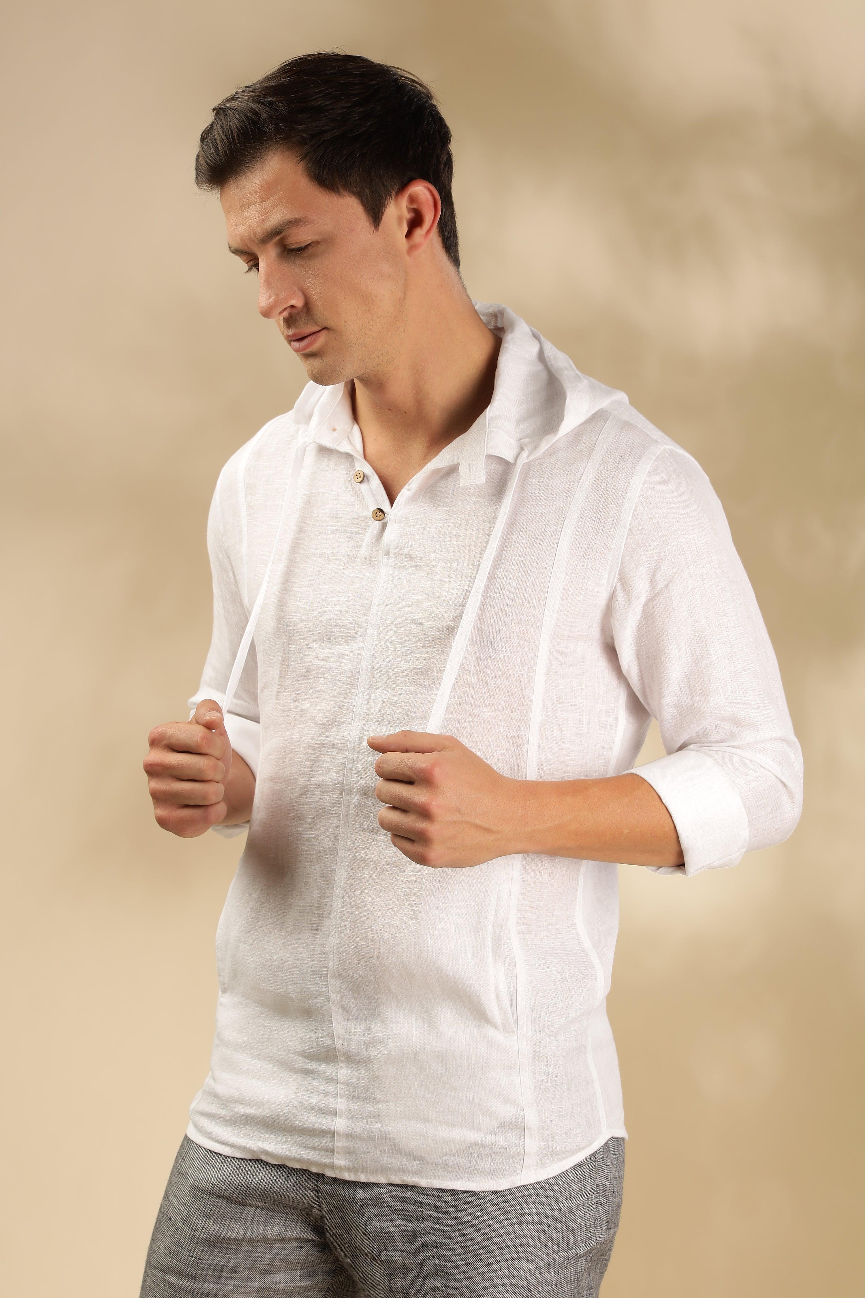 Tom - The Pure Linen Hooded Shirt White