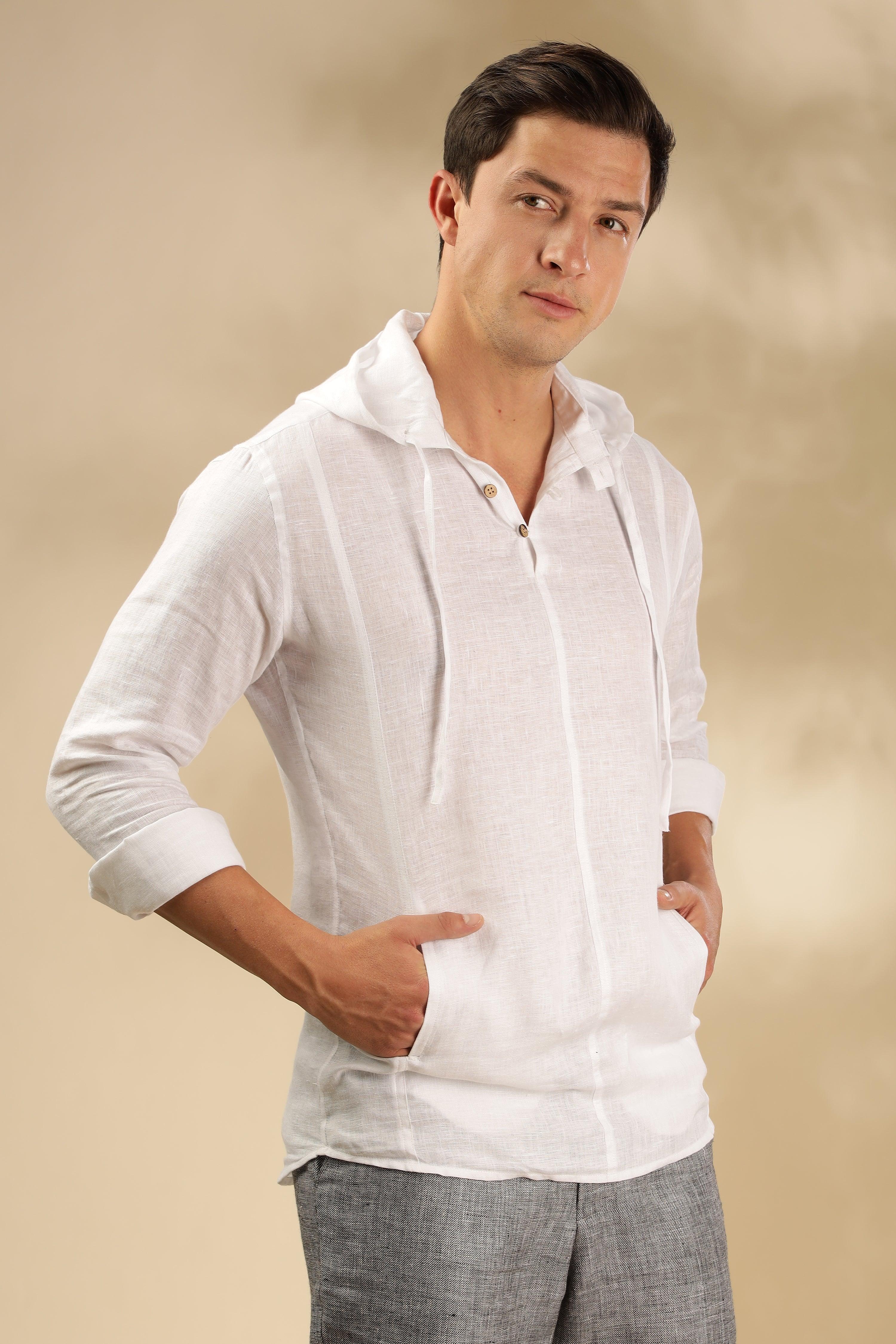 Tom - The Pure Linen Hooded Shirt White
