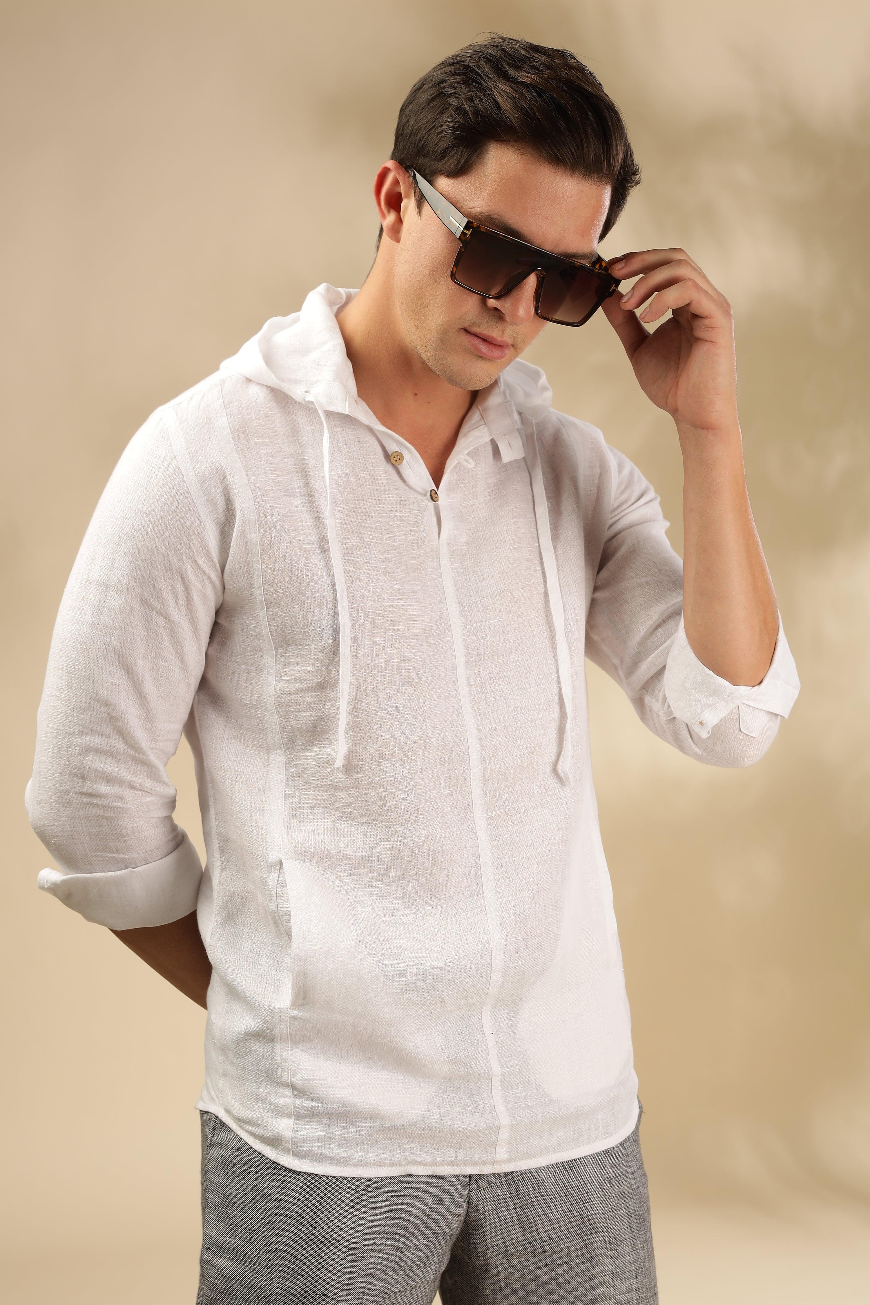 Tom - The Pure Linen Hooded Shirt White