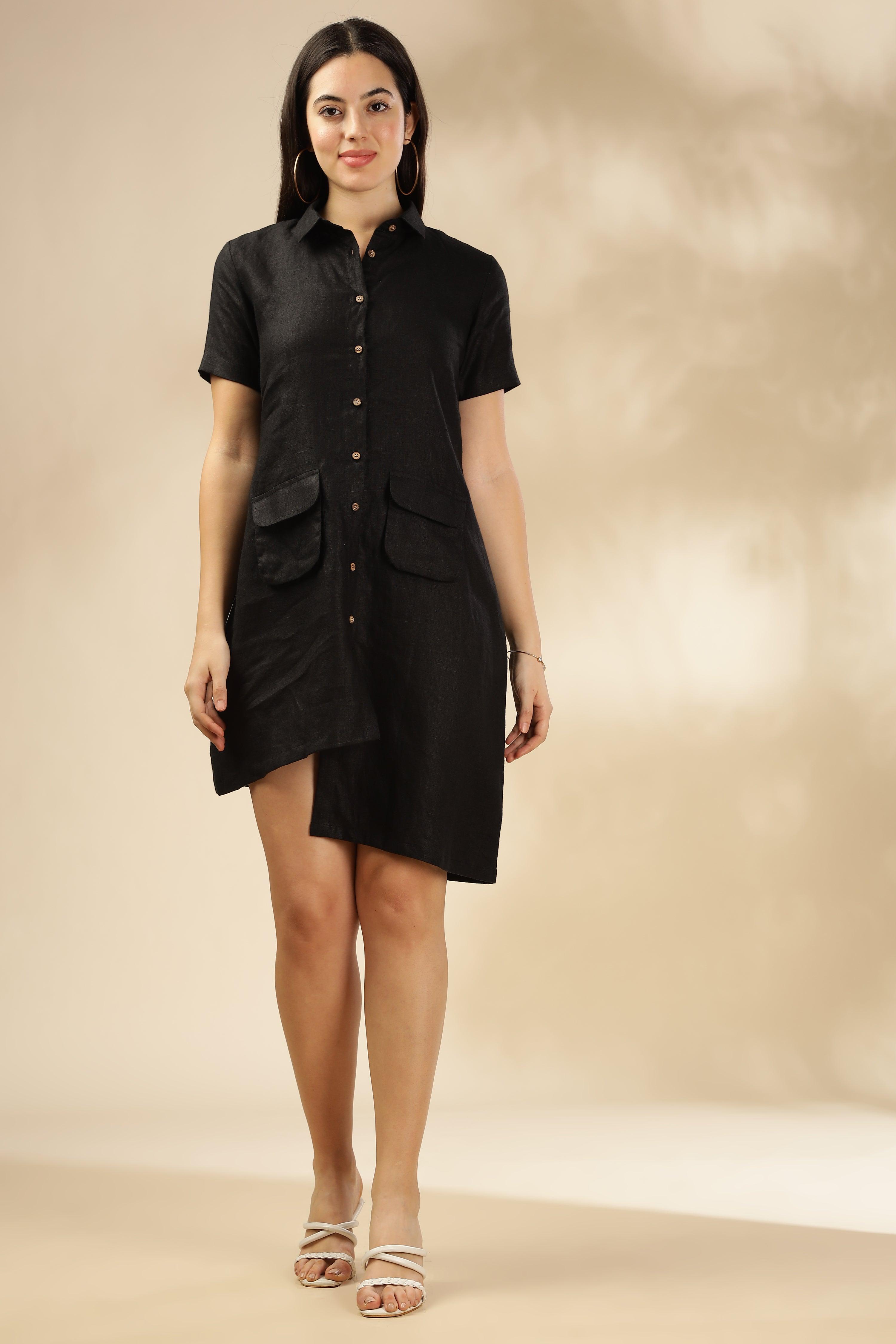 LIA- 100% Pure French Linen Black Dress