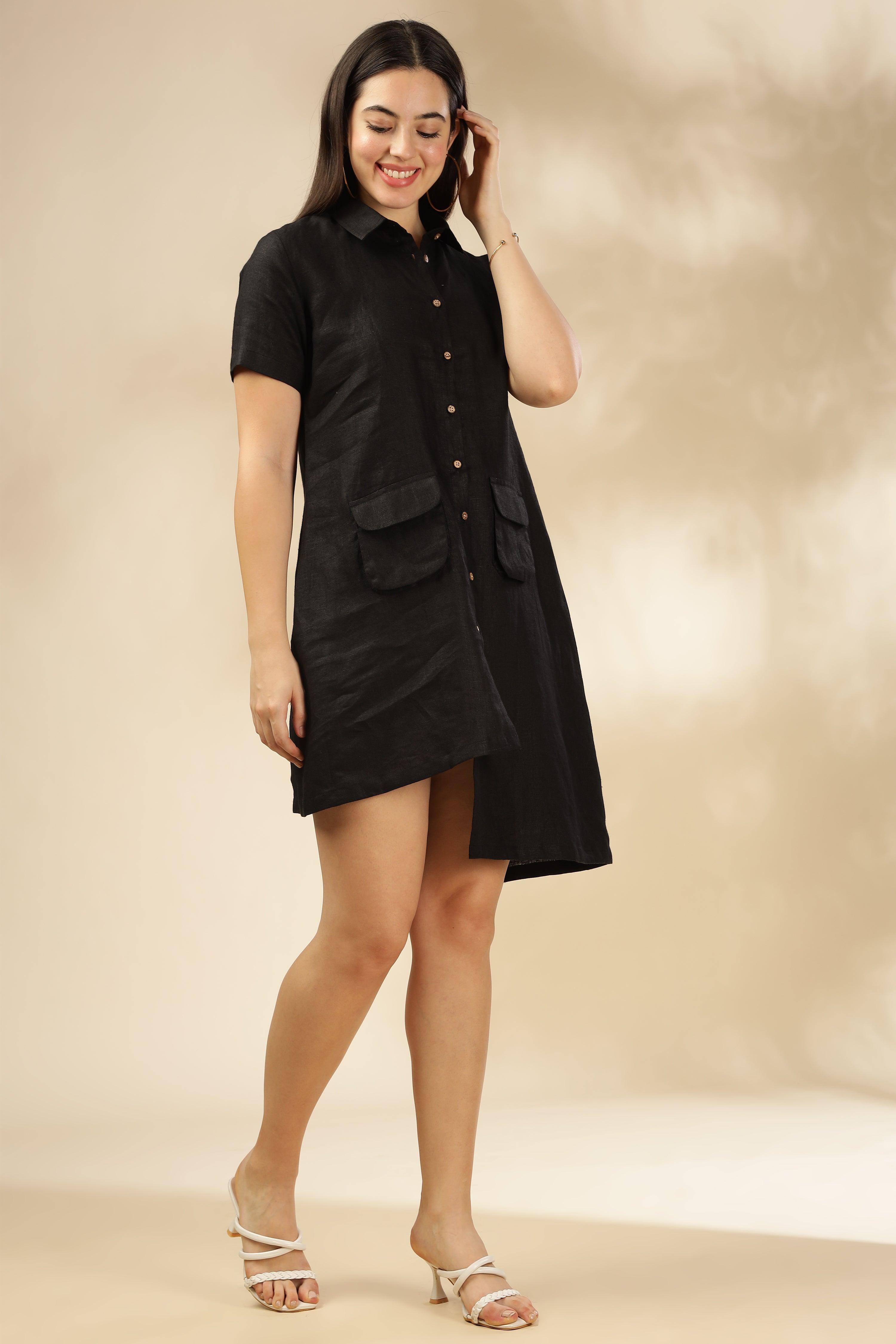 LIA- 100% Pure French Linen Black Dress