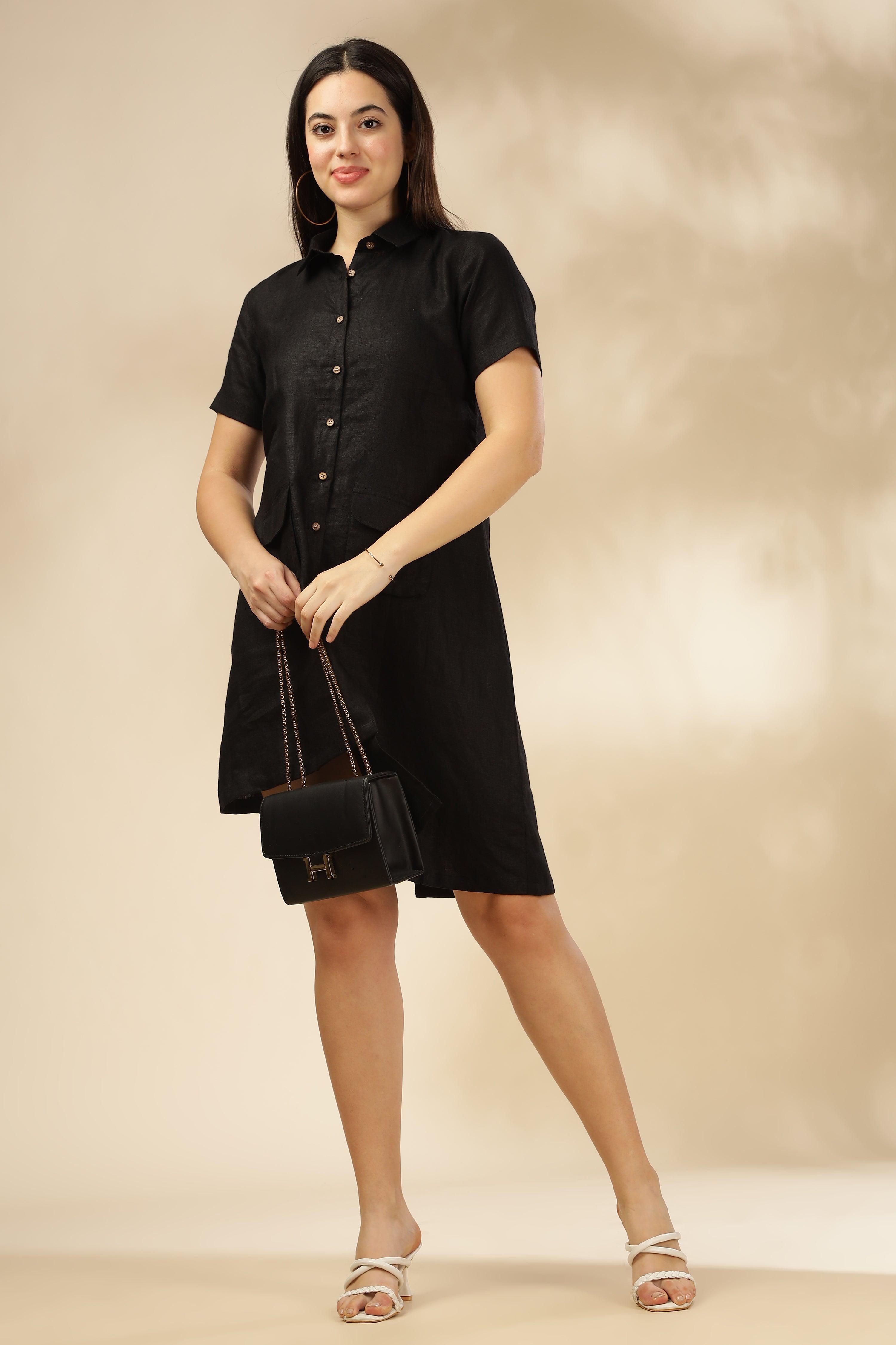 LIA- 100% Pure French Linen Black Dress