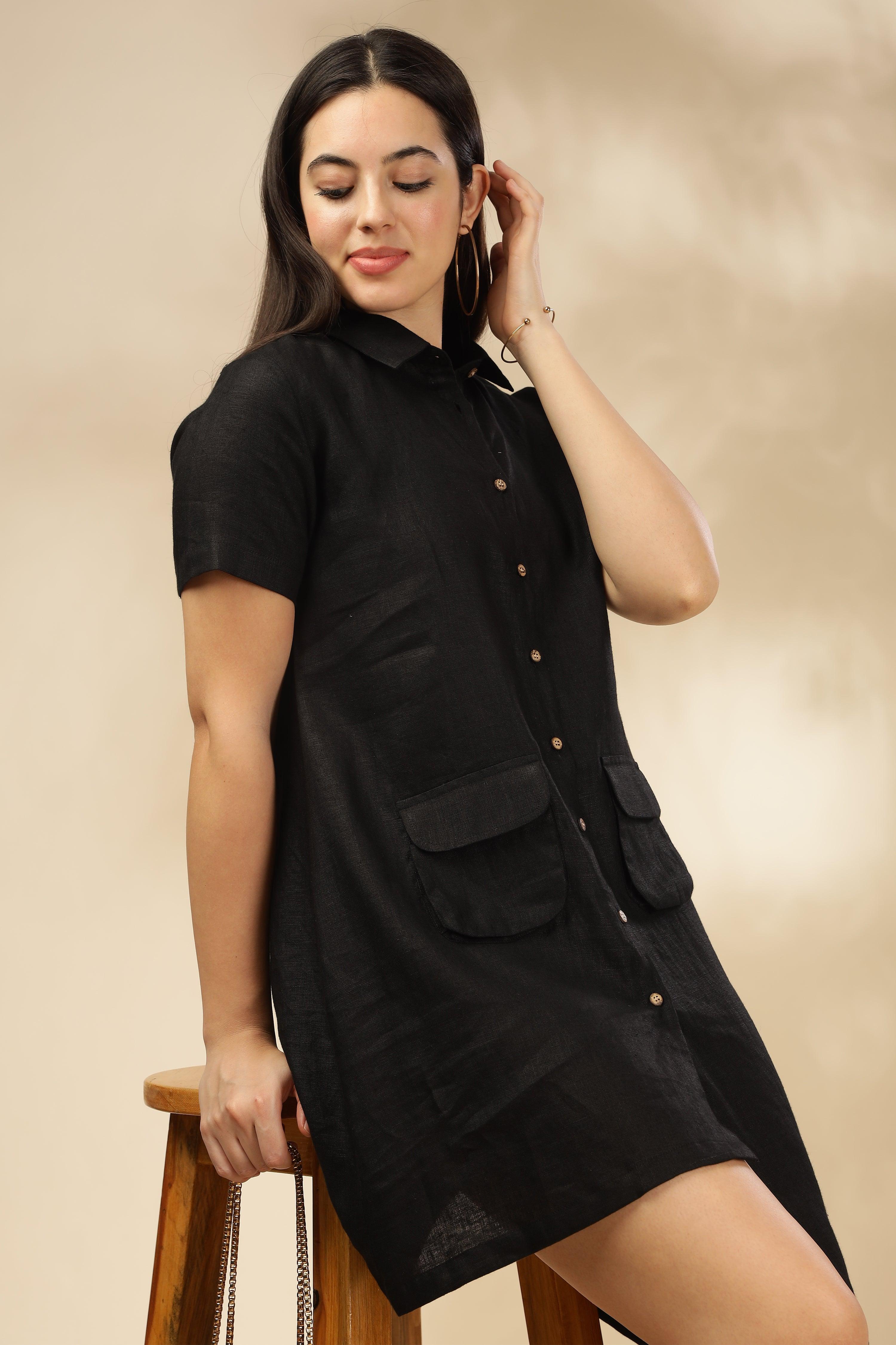 LIA- 100% Pure French Linen Black Dress