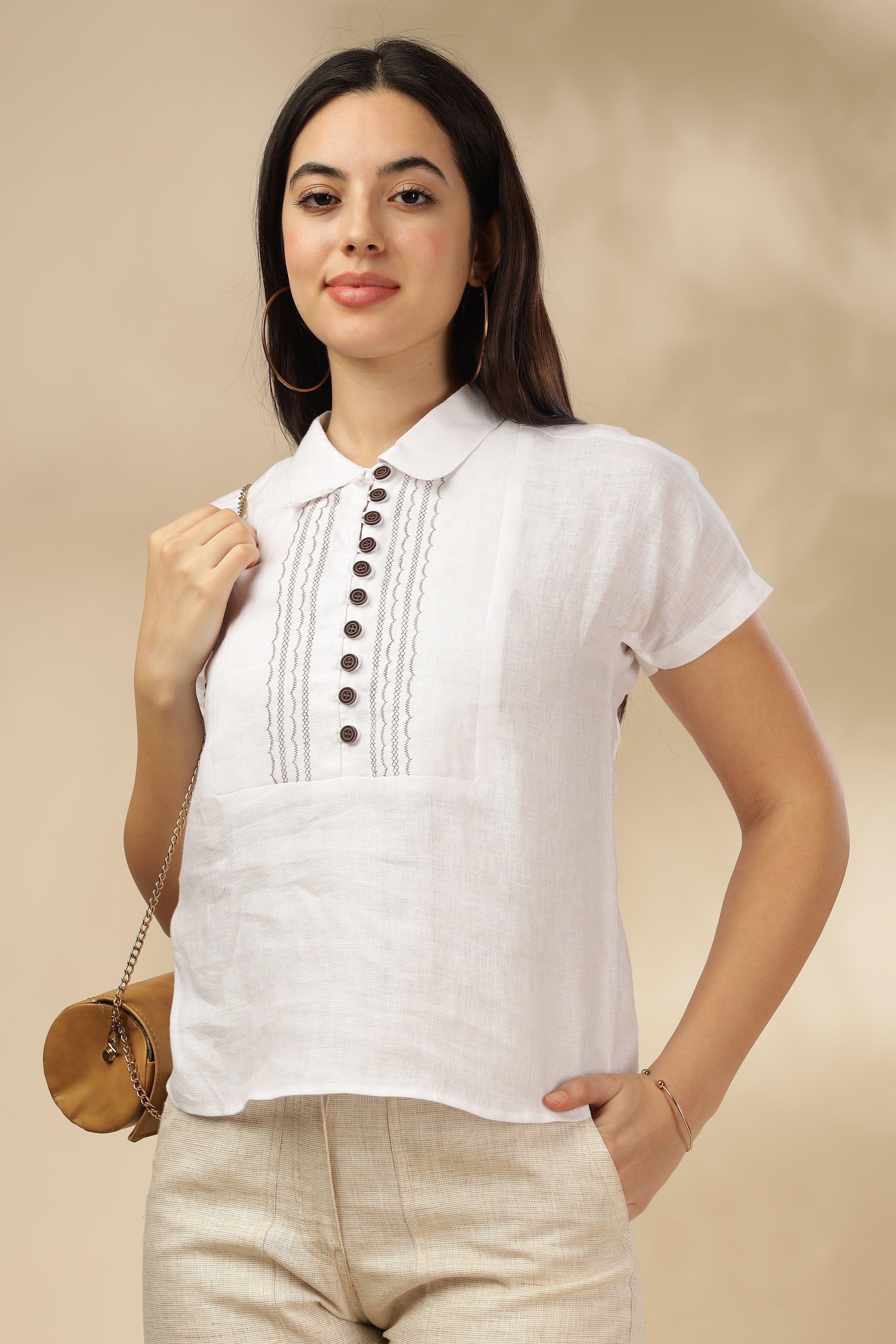 MIA - Pure Linen Embroidery White Top