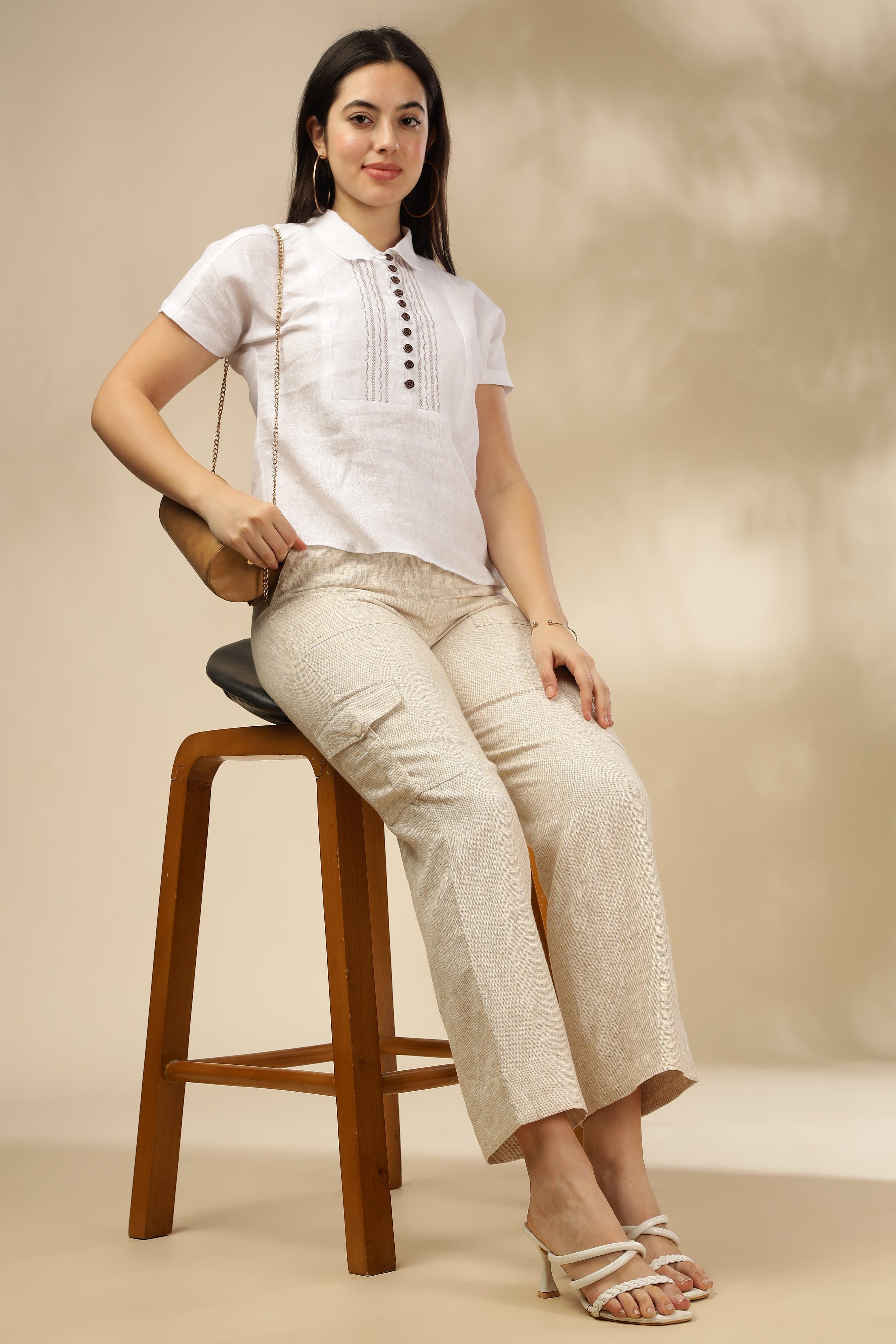MIA - Pure Linen Embroidery White Top