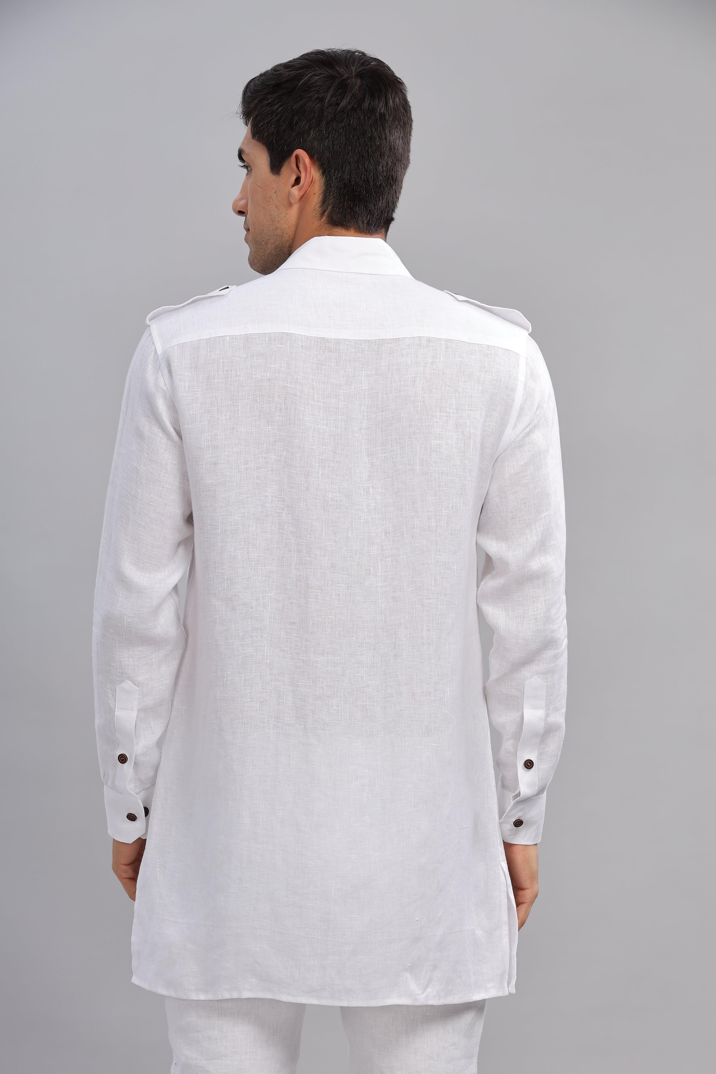SPARSH - Unbridled Masculinity 100% French Linen White Kurta Double Pocket