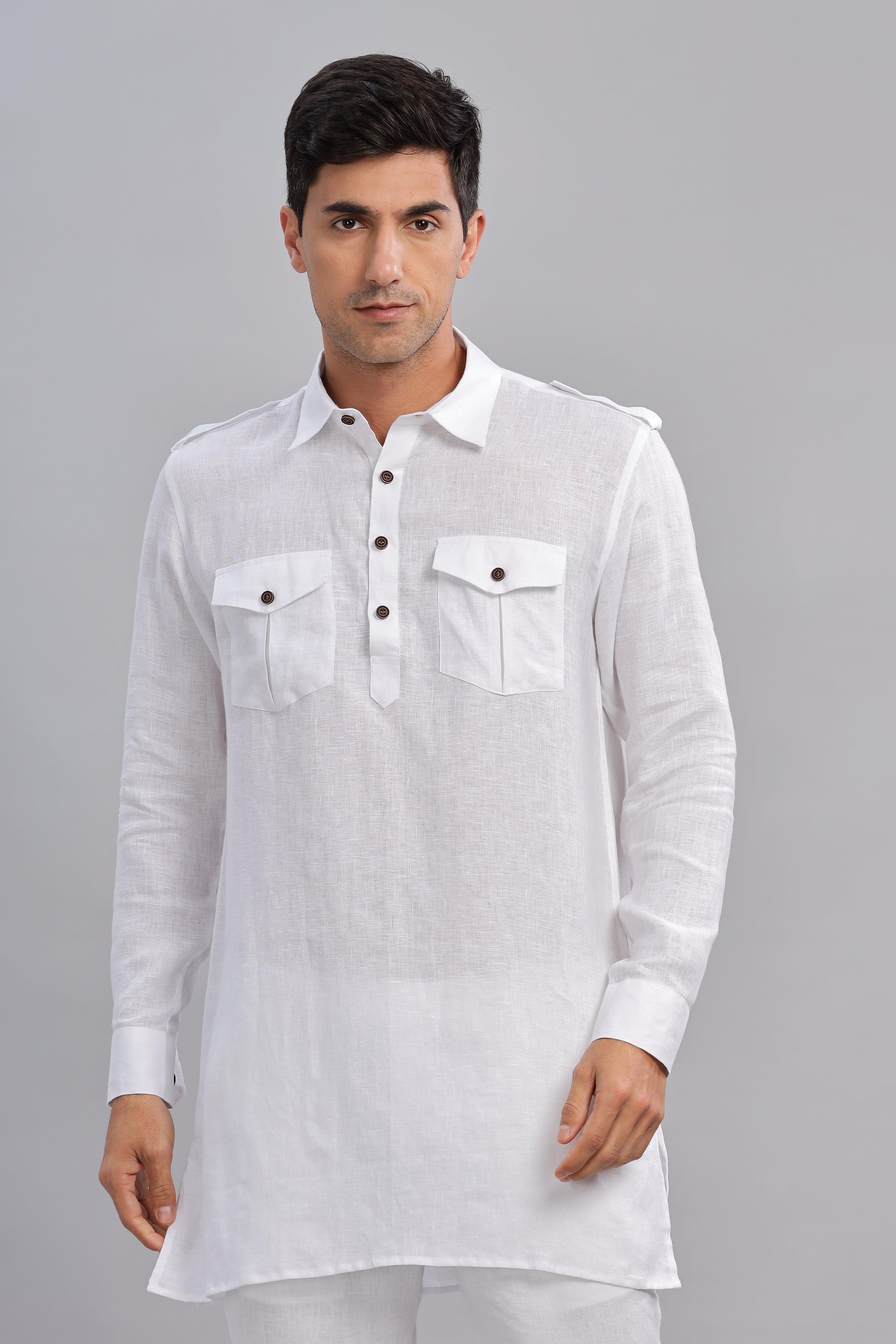 SPARSH - Unbridled Masculinity 100% French Linen White Kurta Double Pocket