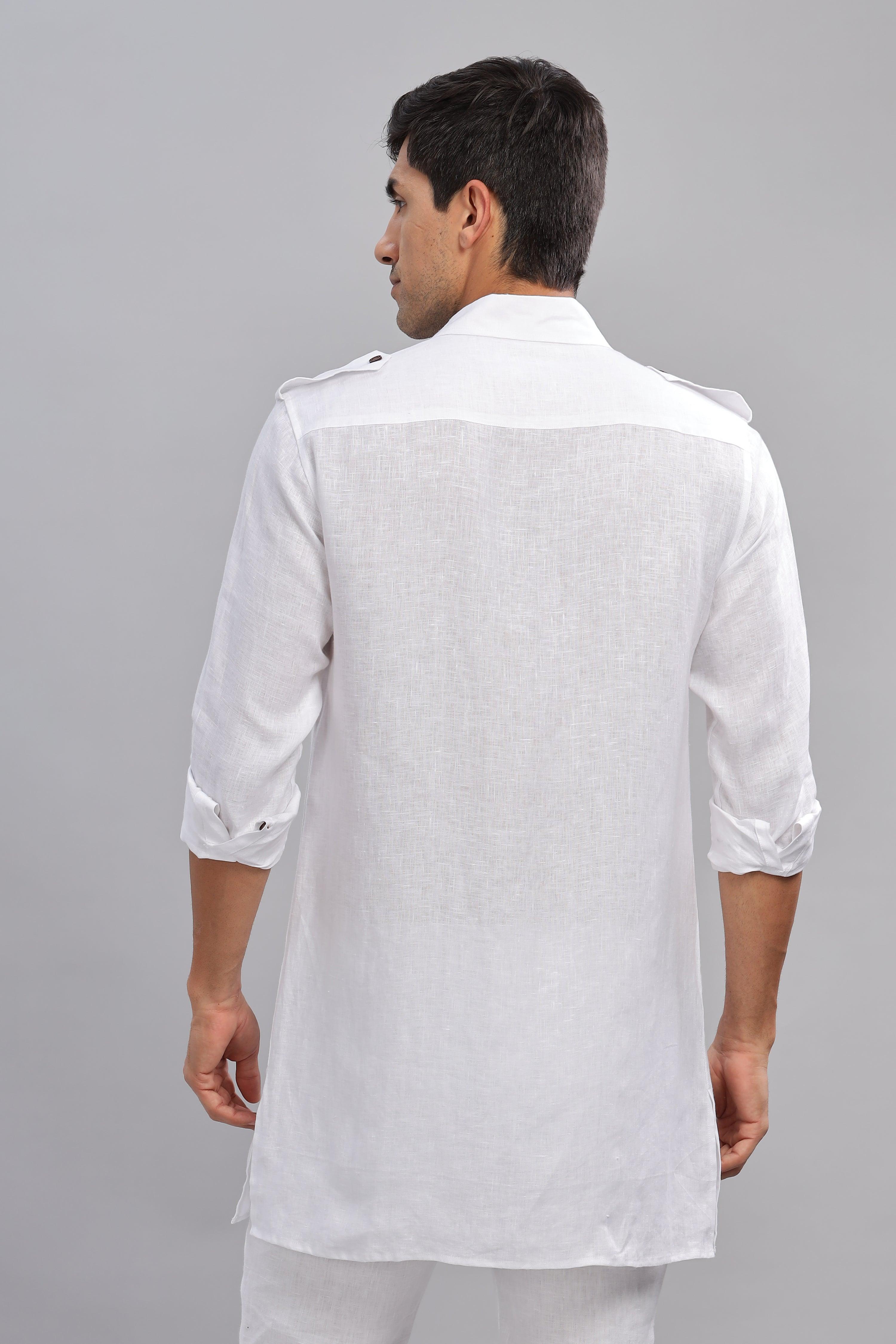 SPARSH - Unbridled Masculinity 100% French Linen White Kurta Double Pocket