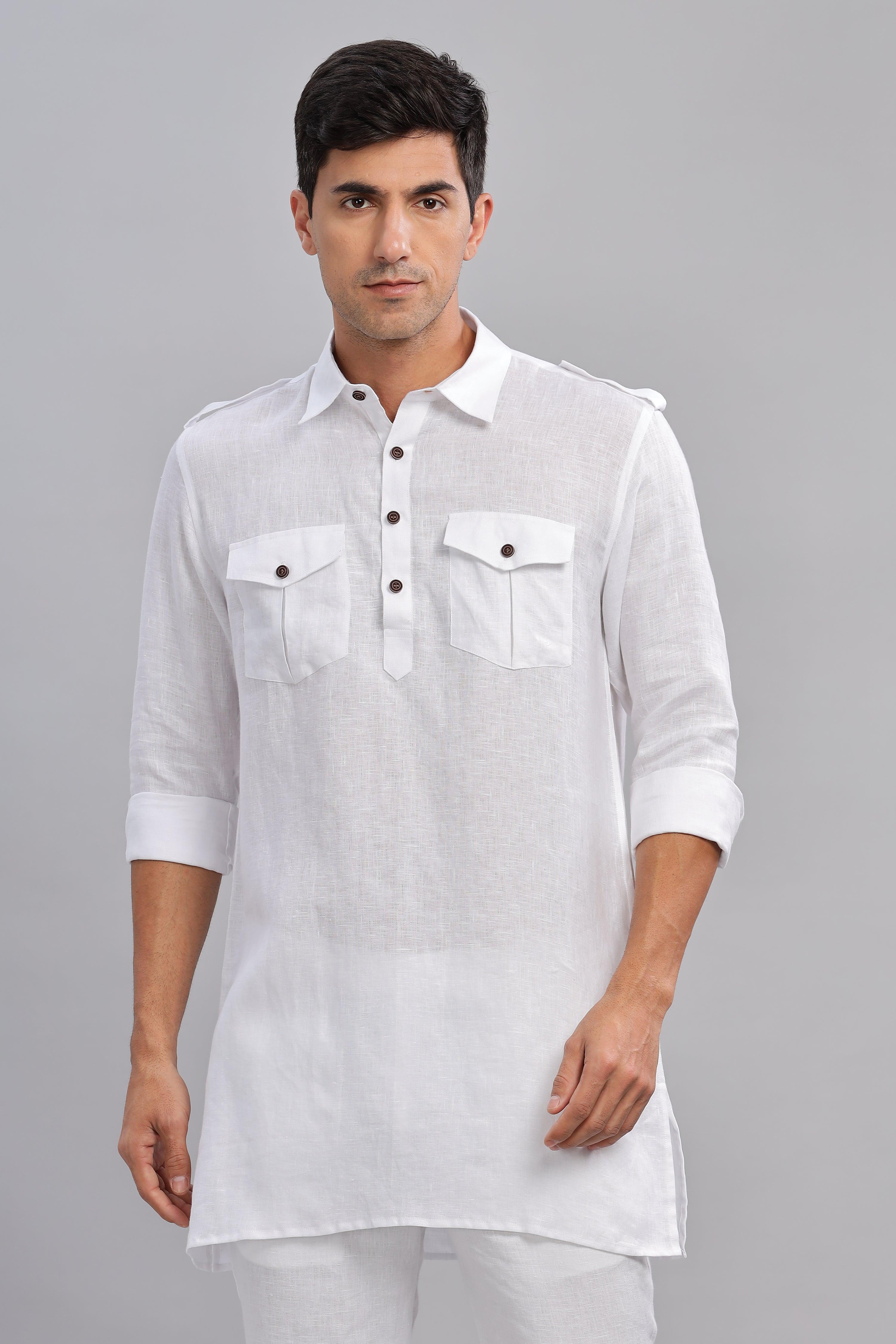 SPARSH - Unbridled Masculinity 100% French Linen White Kurta Double Pocket
