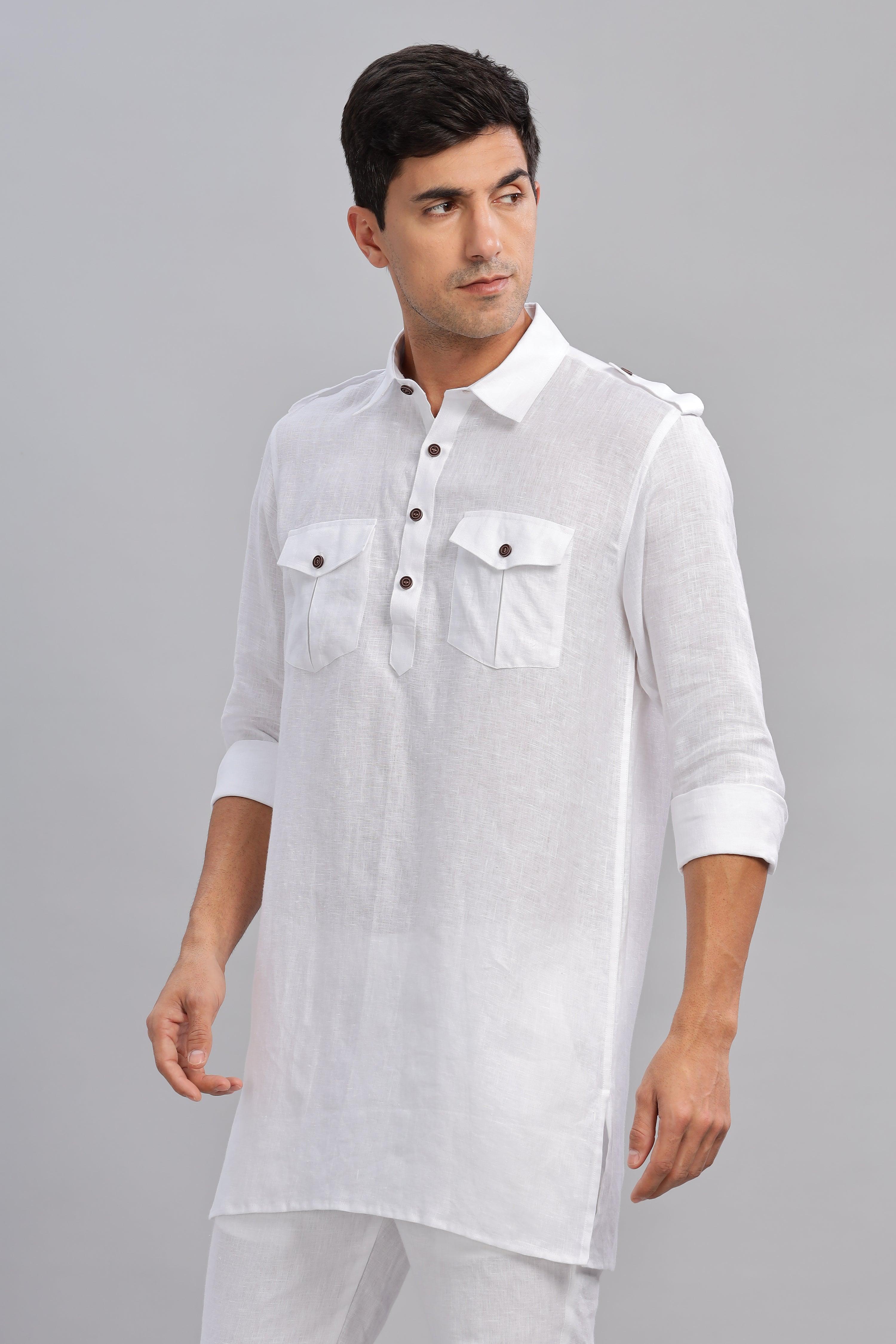 SPARSH - Unbridled Masculinity 100% French Linen White Kurta Double Pocket