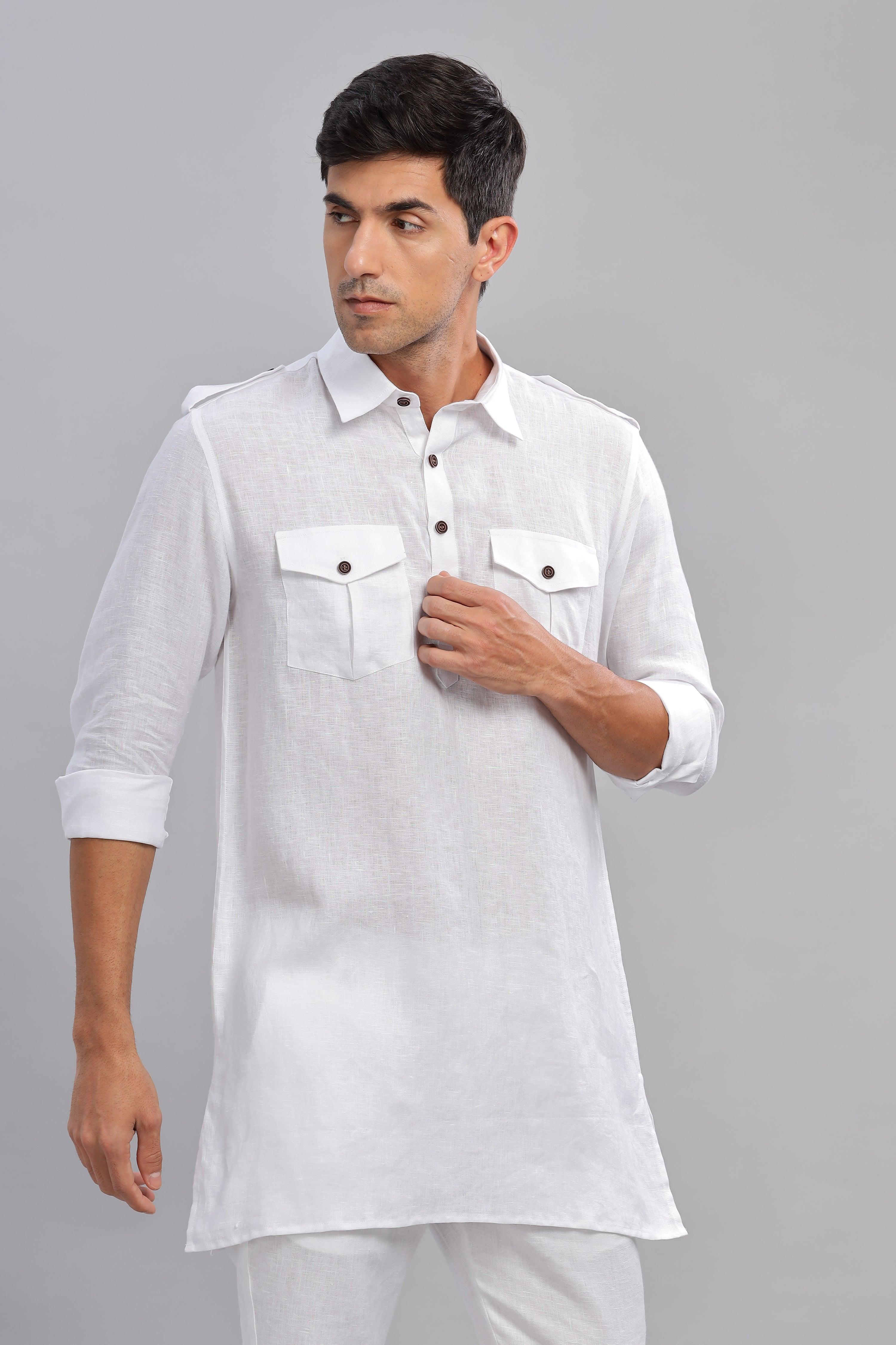 SPARSH - Unbridled Masculinity 100% French Linen White Kurta Double Pocket