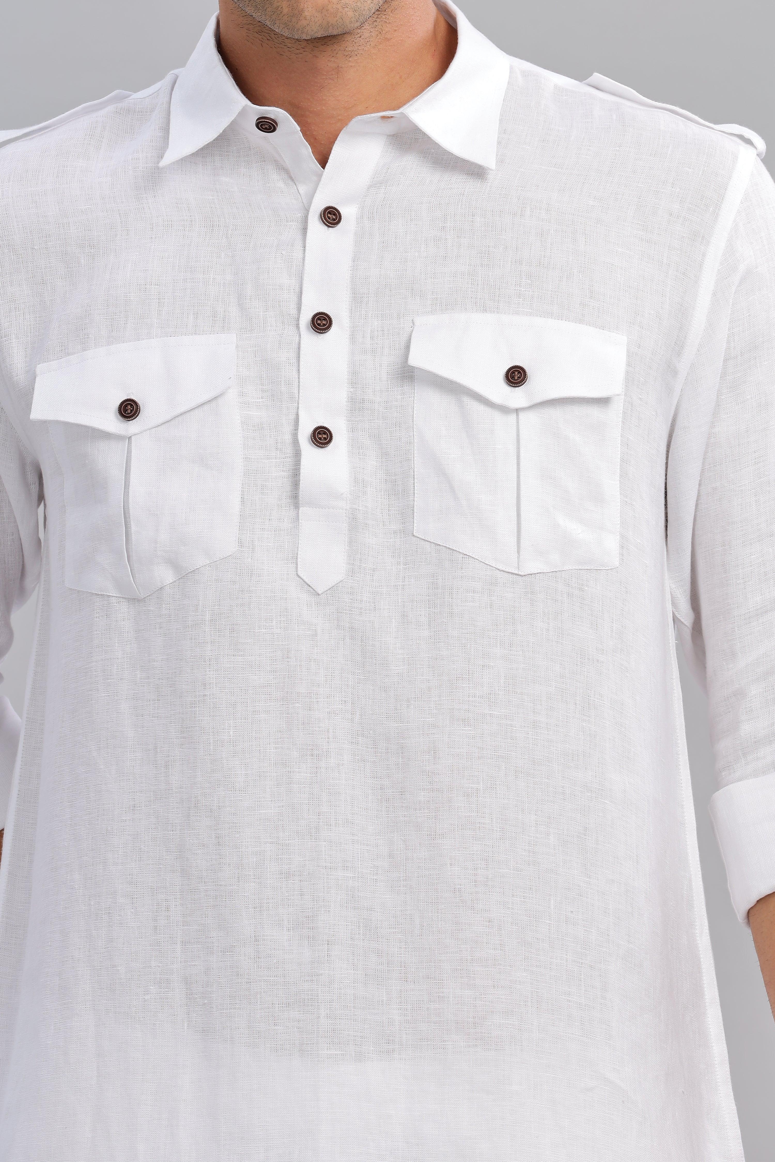 SPARSH - Unbridled Masculinity 100% French Linen White Kurta Double Pocket