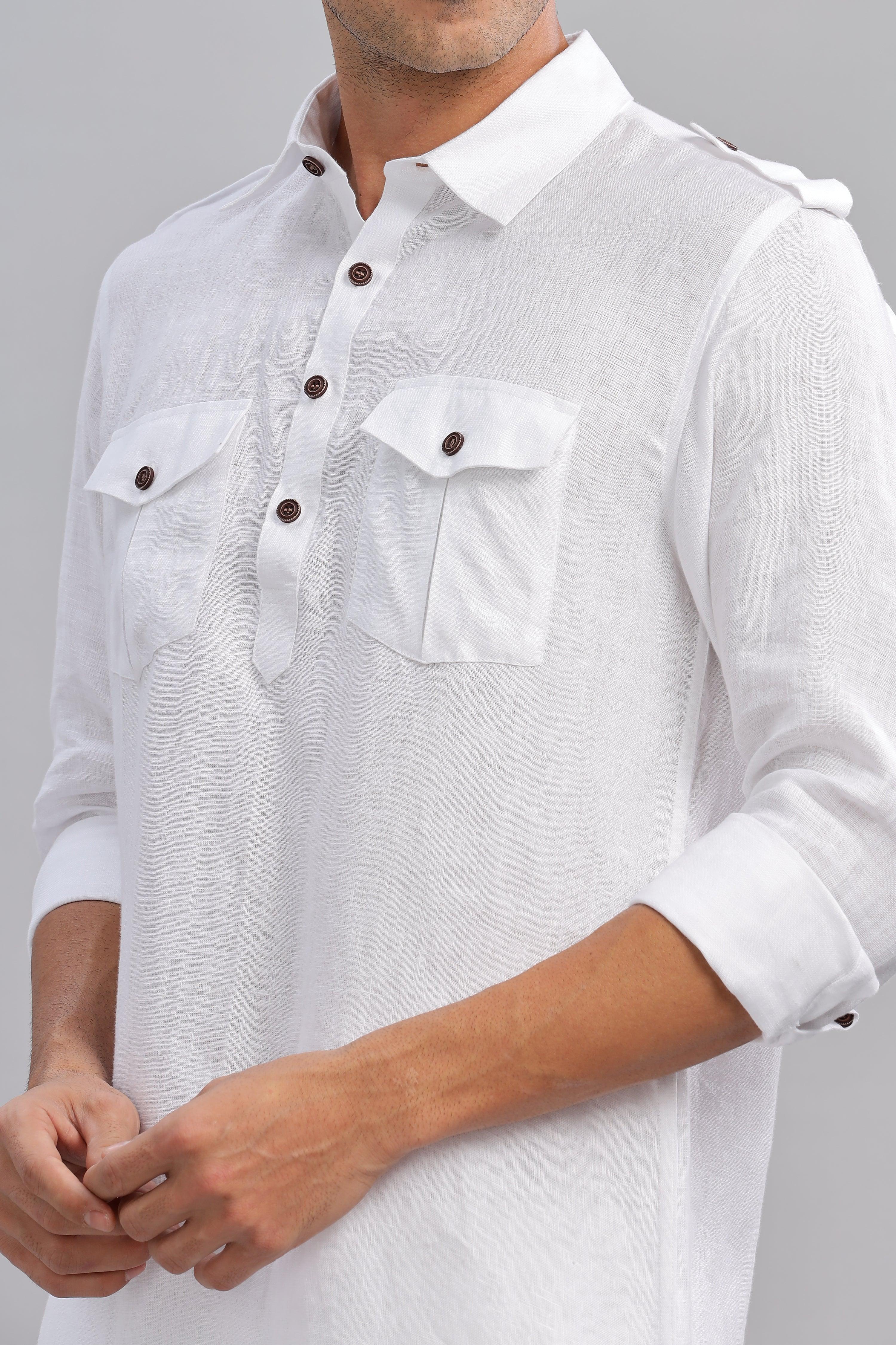 SPARSH - Unbridled Masculinity 100% French Linen White Kurta Double Pocket