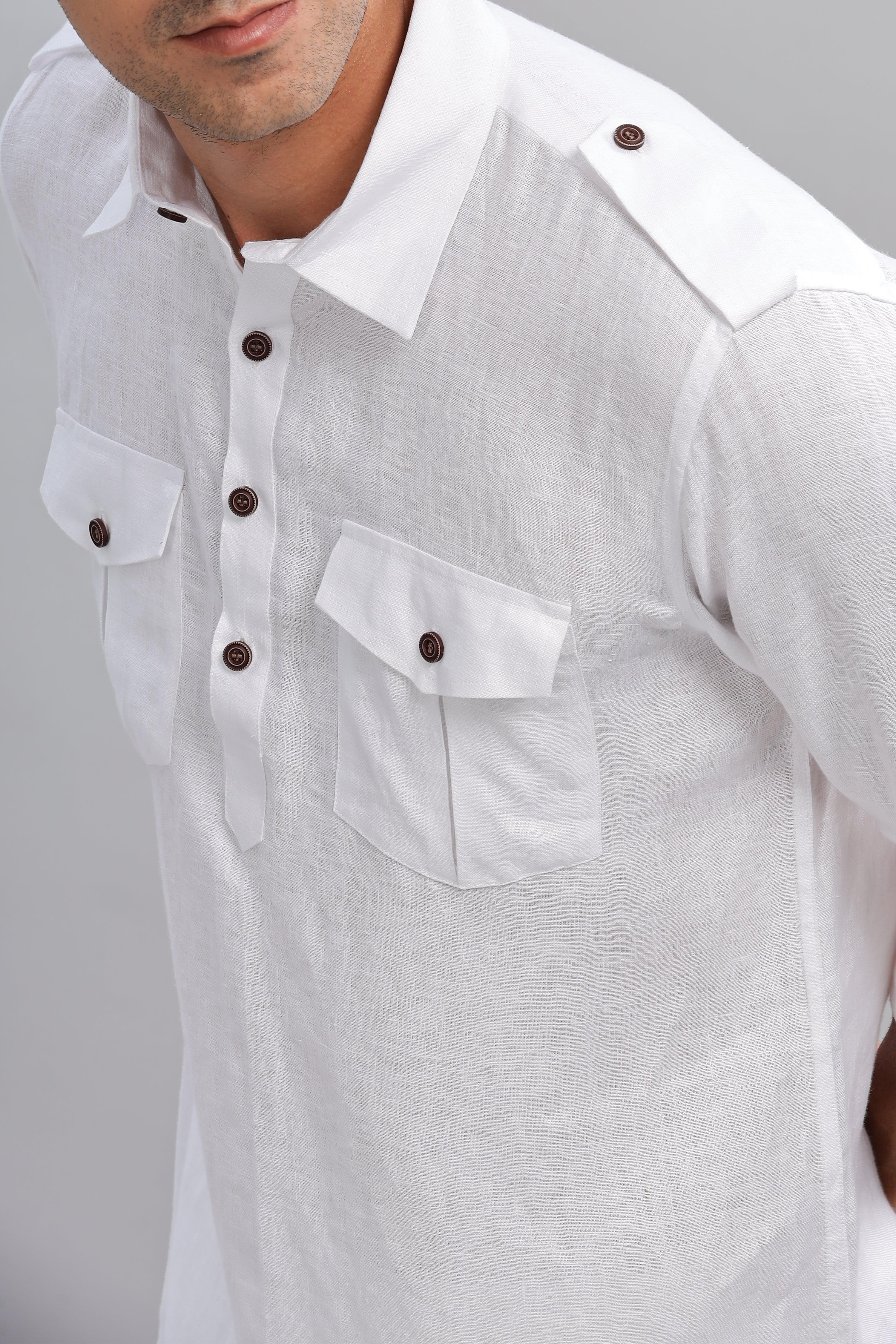 SPARSH - Unbridled Masculinity 100% French Linen White Kurta Double Pocket