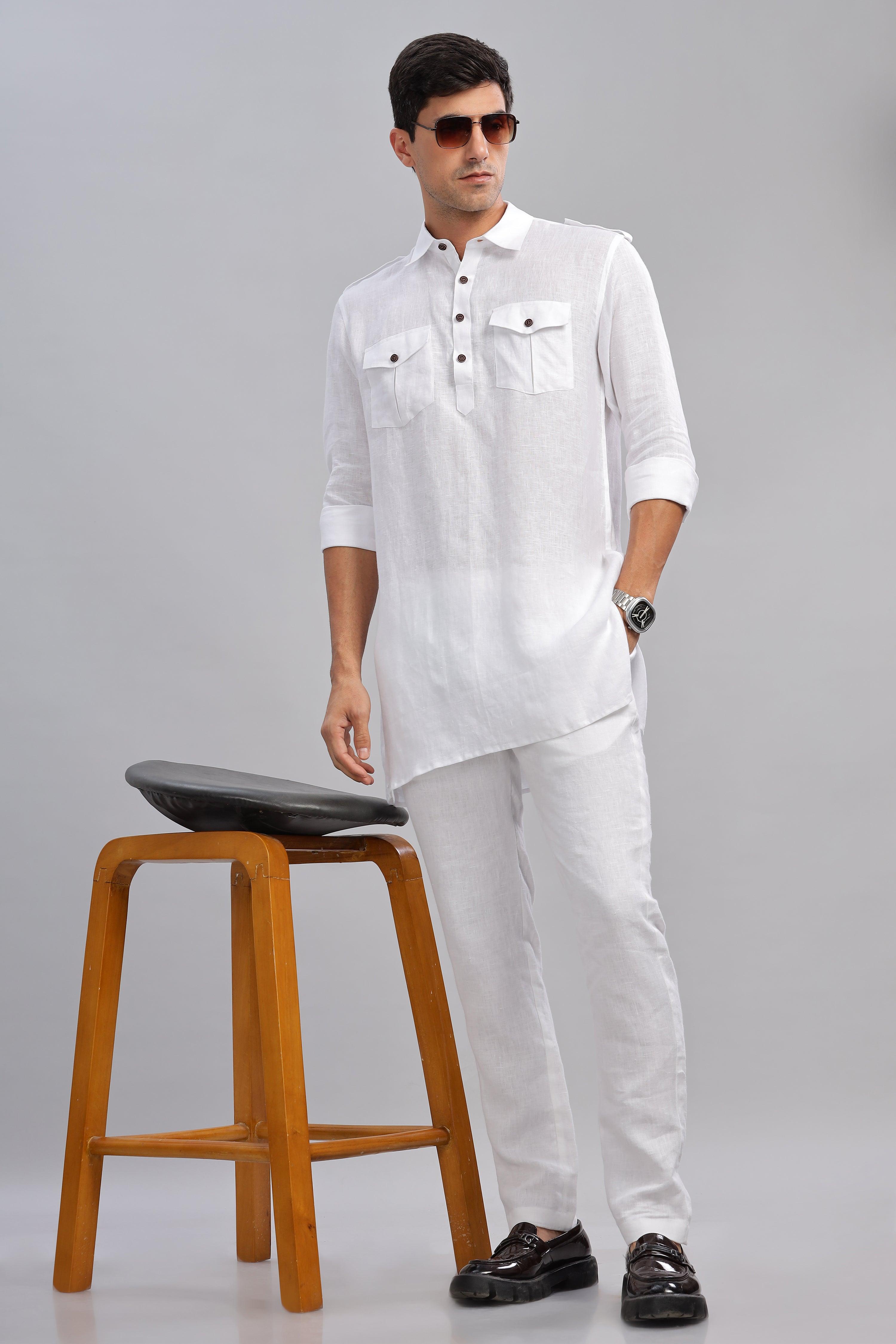 SPARSH - Unbridled Masculinity 100% French Linen White Kurta Double Pocket