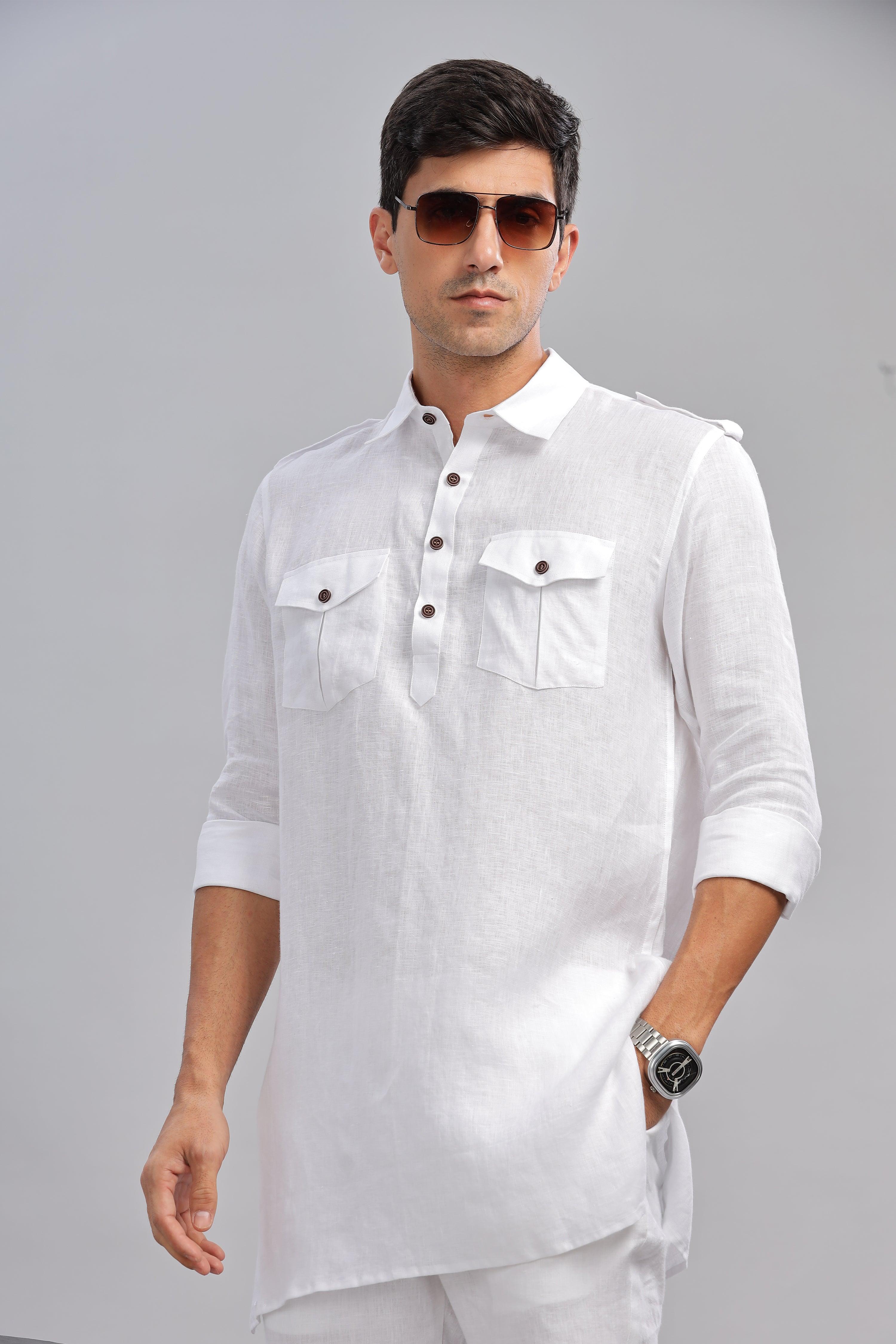 SPARSH - Unbridled Masculinity 100% French Linen White Kurta Double Pocket