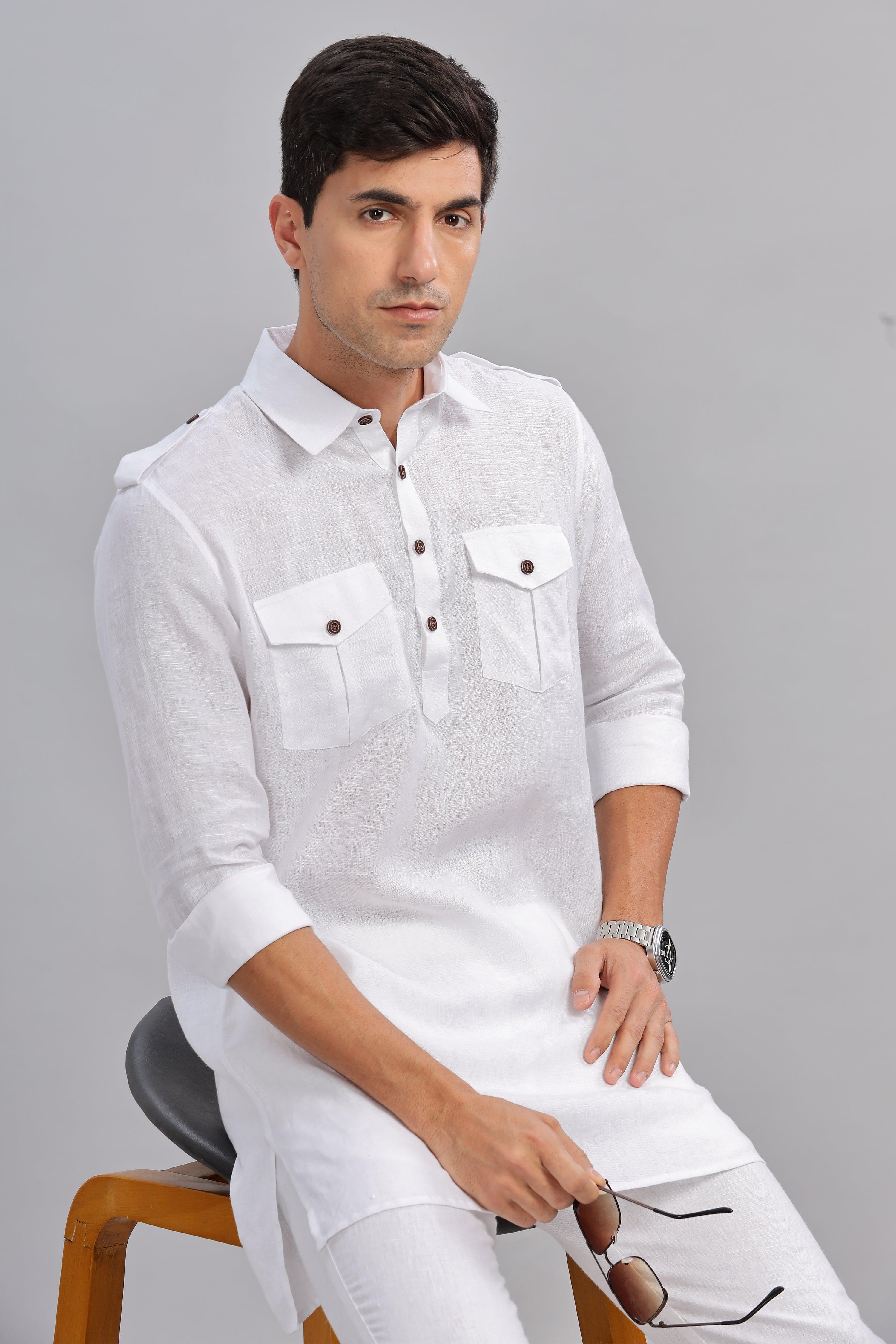 SPARSH - Unbridled Masculinity 100% French Linen White Kurta Double Pocket