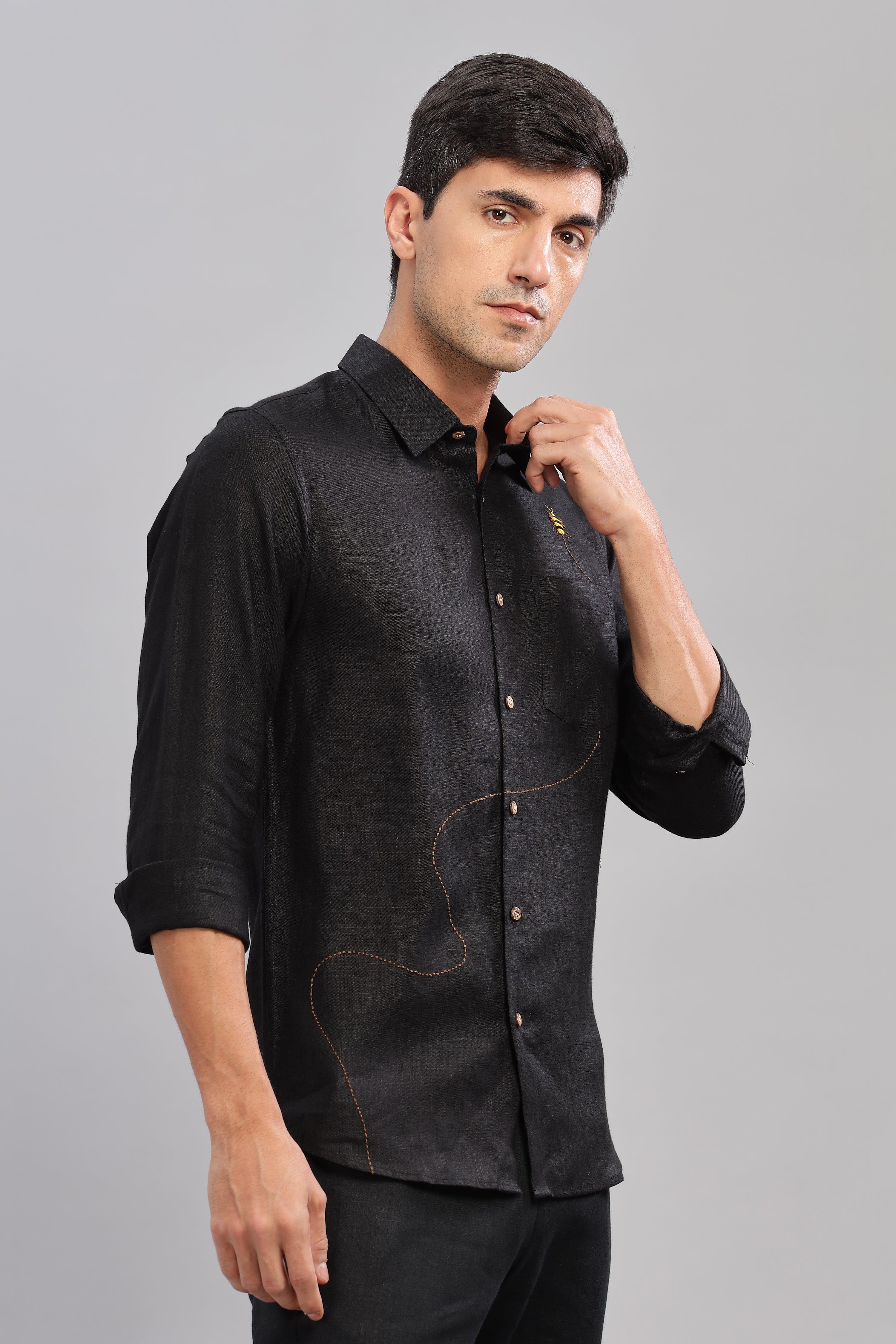 RYAN - Bee Embroidered Pure Irish Linen Shirt Black