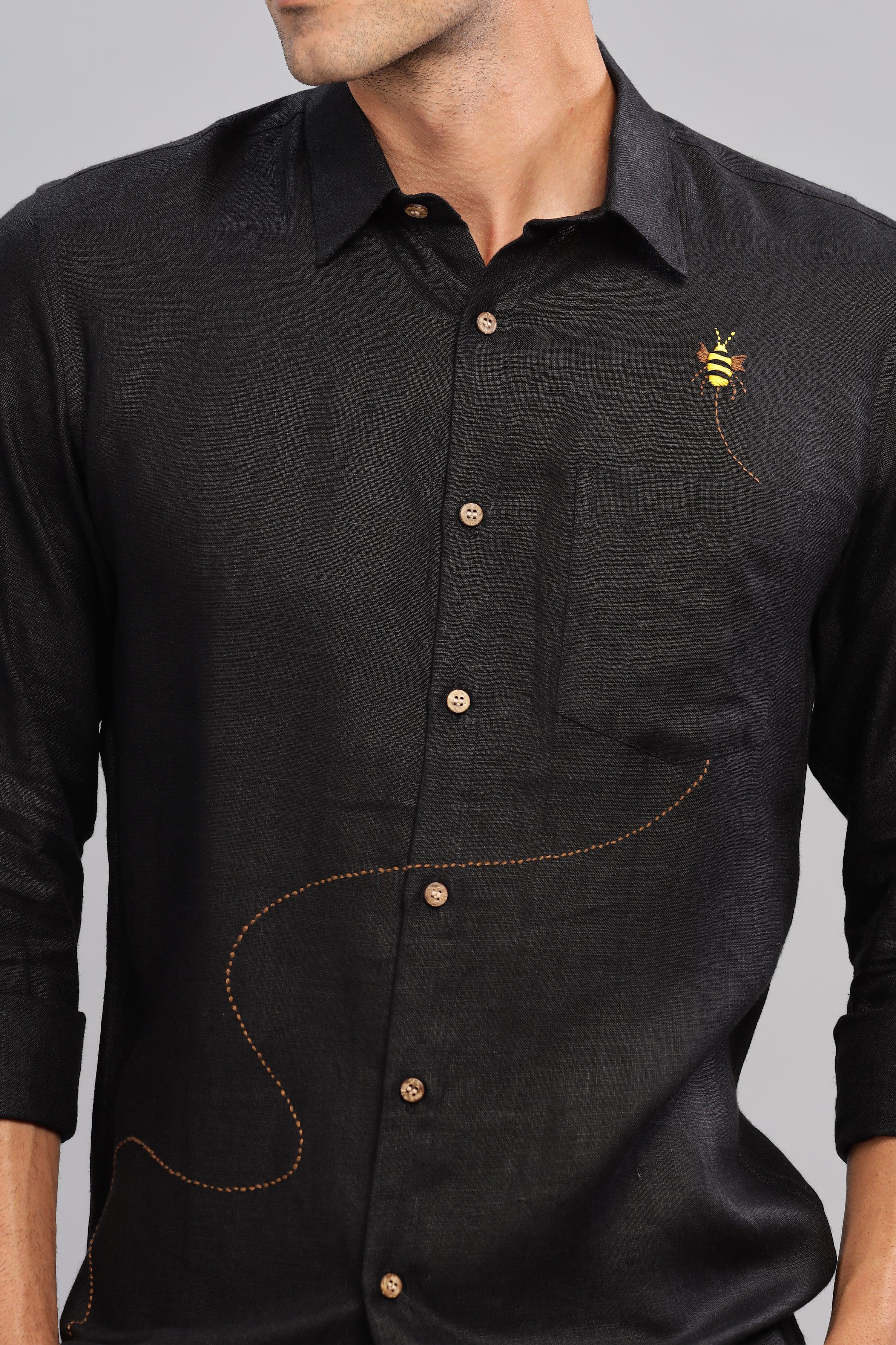 RYAN - Bee Embroidered Pure Irish Linen Shirt Black