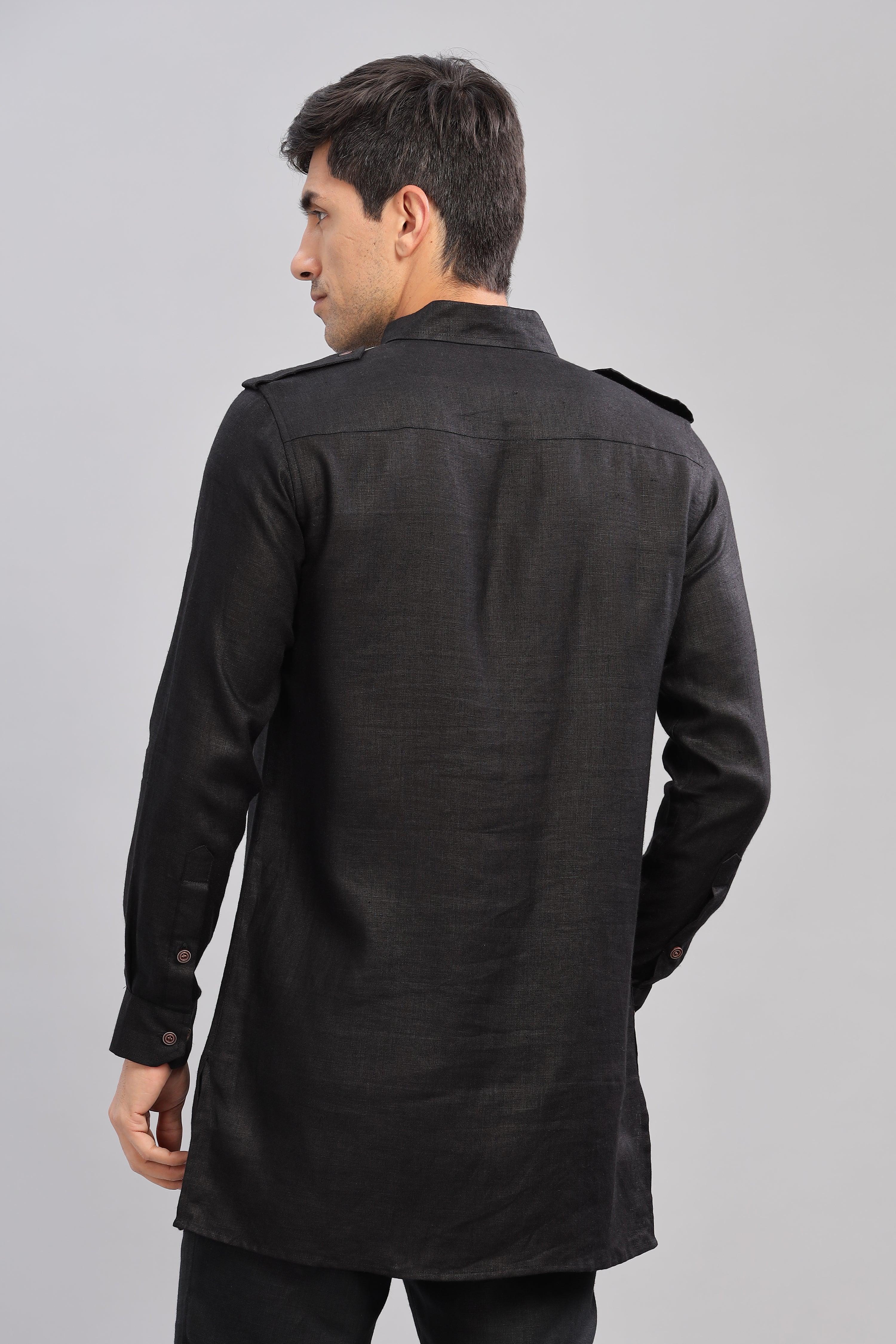 SPARSH - Unbridled Masculinity 100% French Linen Black Kurta Double Pocket