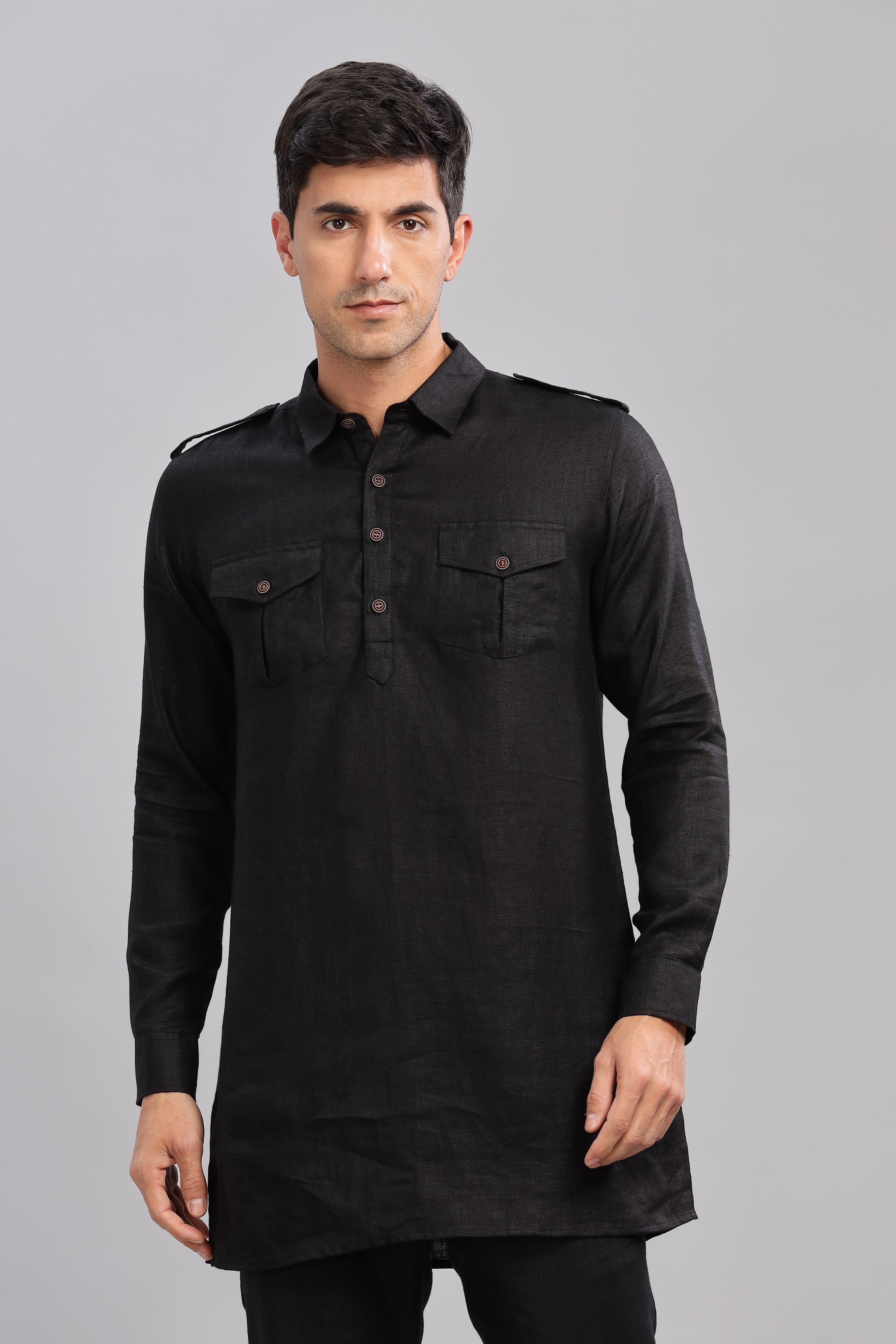 SPARSH - Unbridled Masculinity 100% French Linen Black Kurta Double Pocket