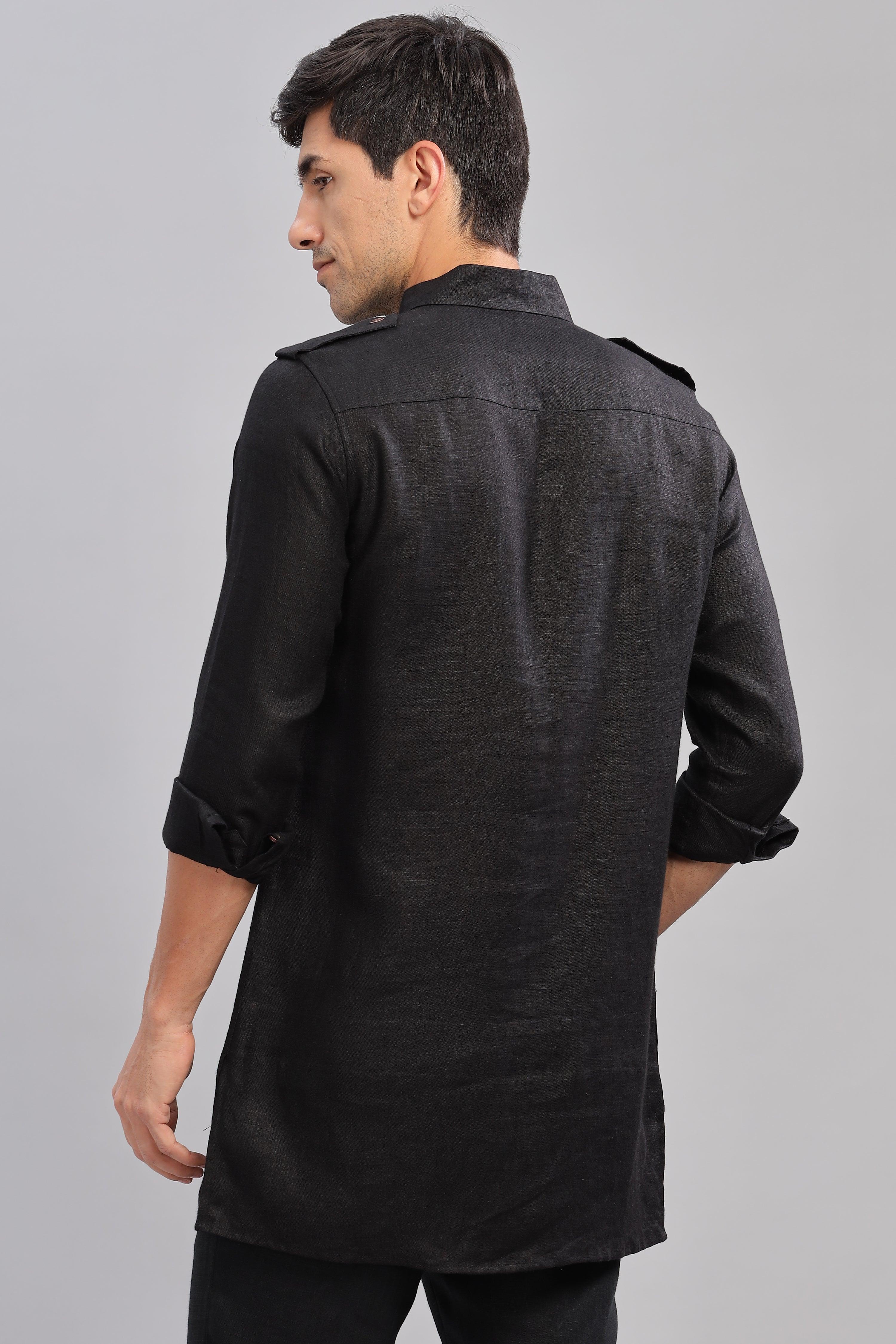 SPARSH - Unbridled Masculinity 100% French Linen Black Kurta Double Pocket