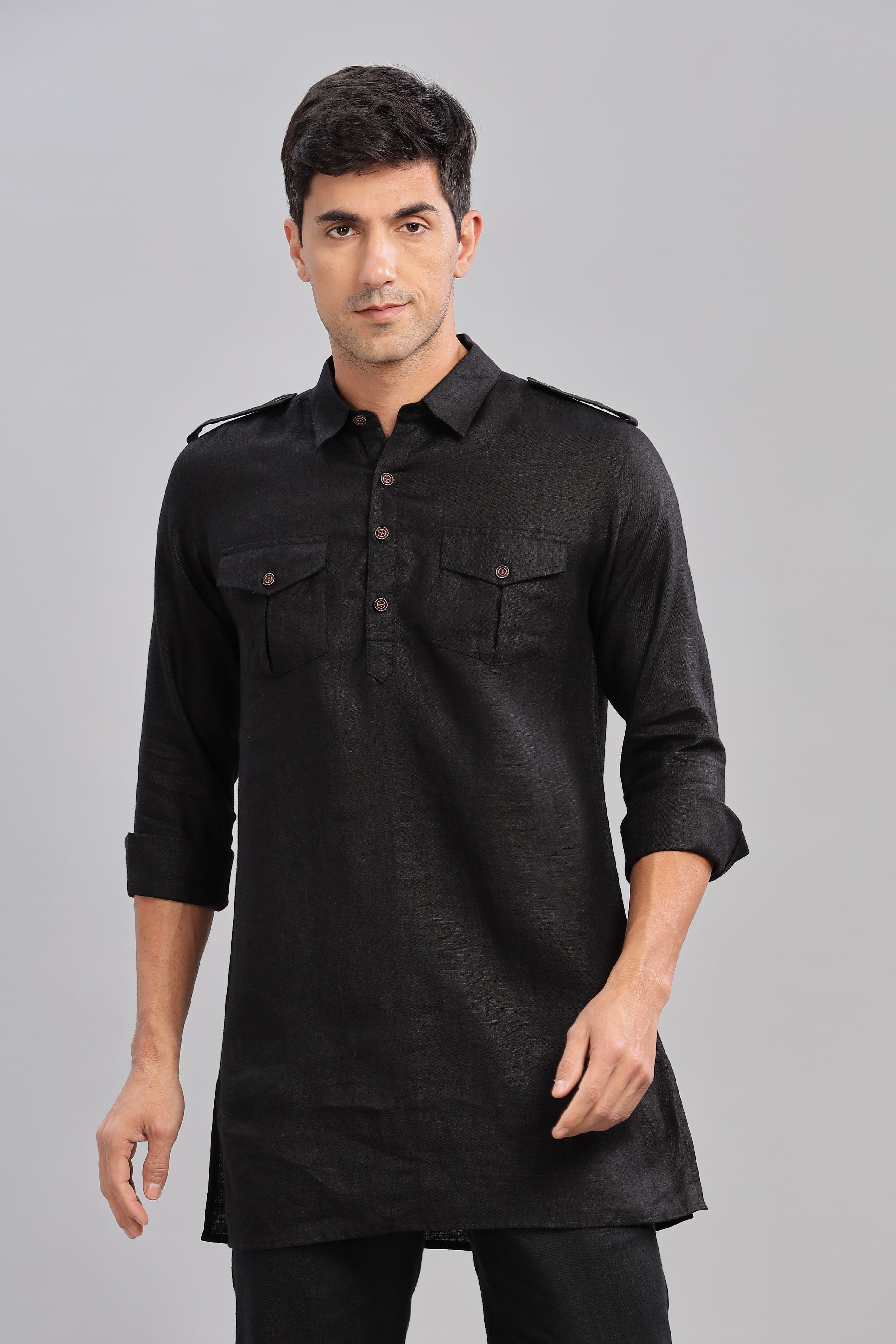 SPARSH - Unbridled Masculinity 100% French Linen Black Kurta Double Pocket