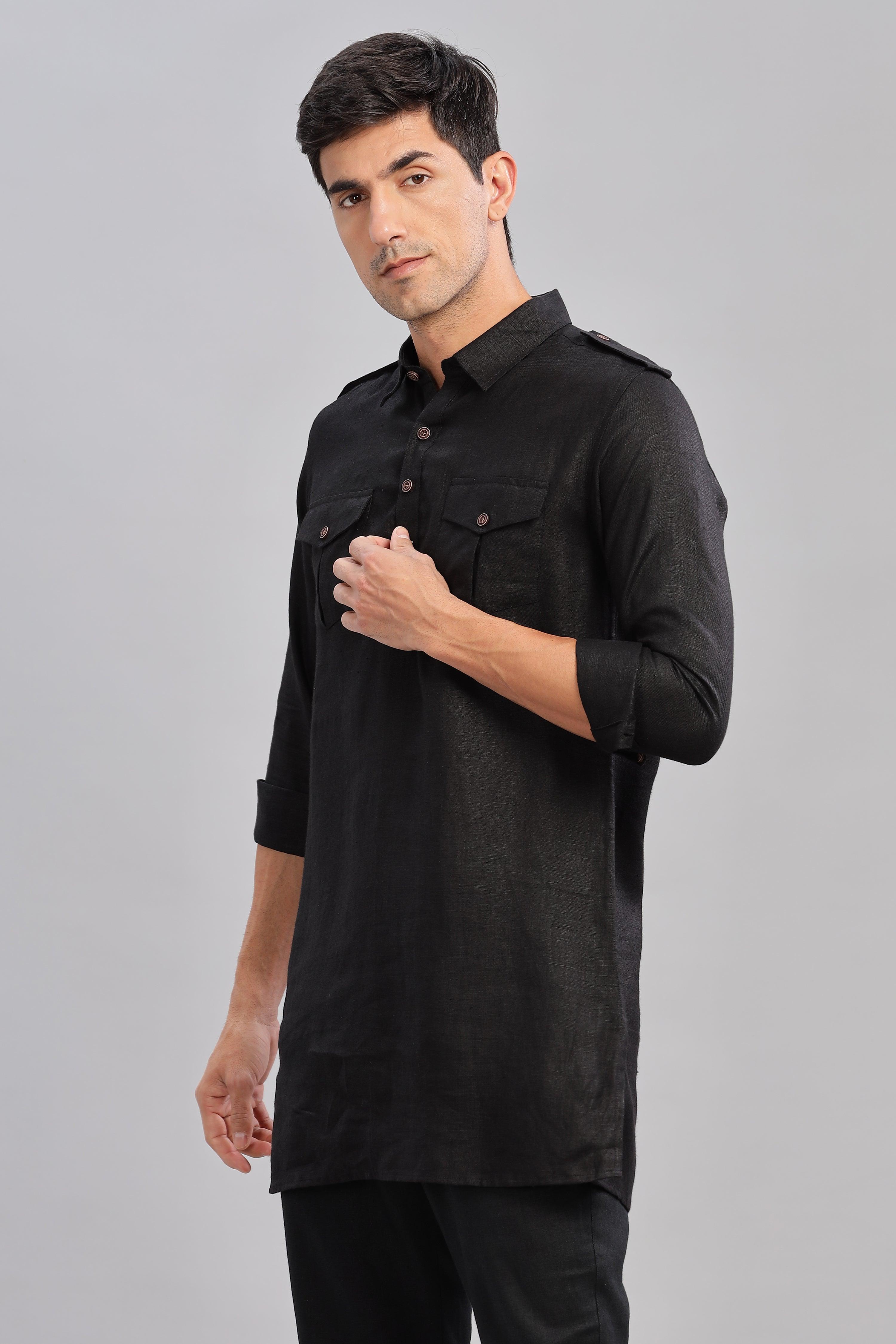 SPARSH - Unbridled Masculinity 100% French Linen Black Kurta Double Pocket