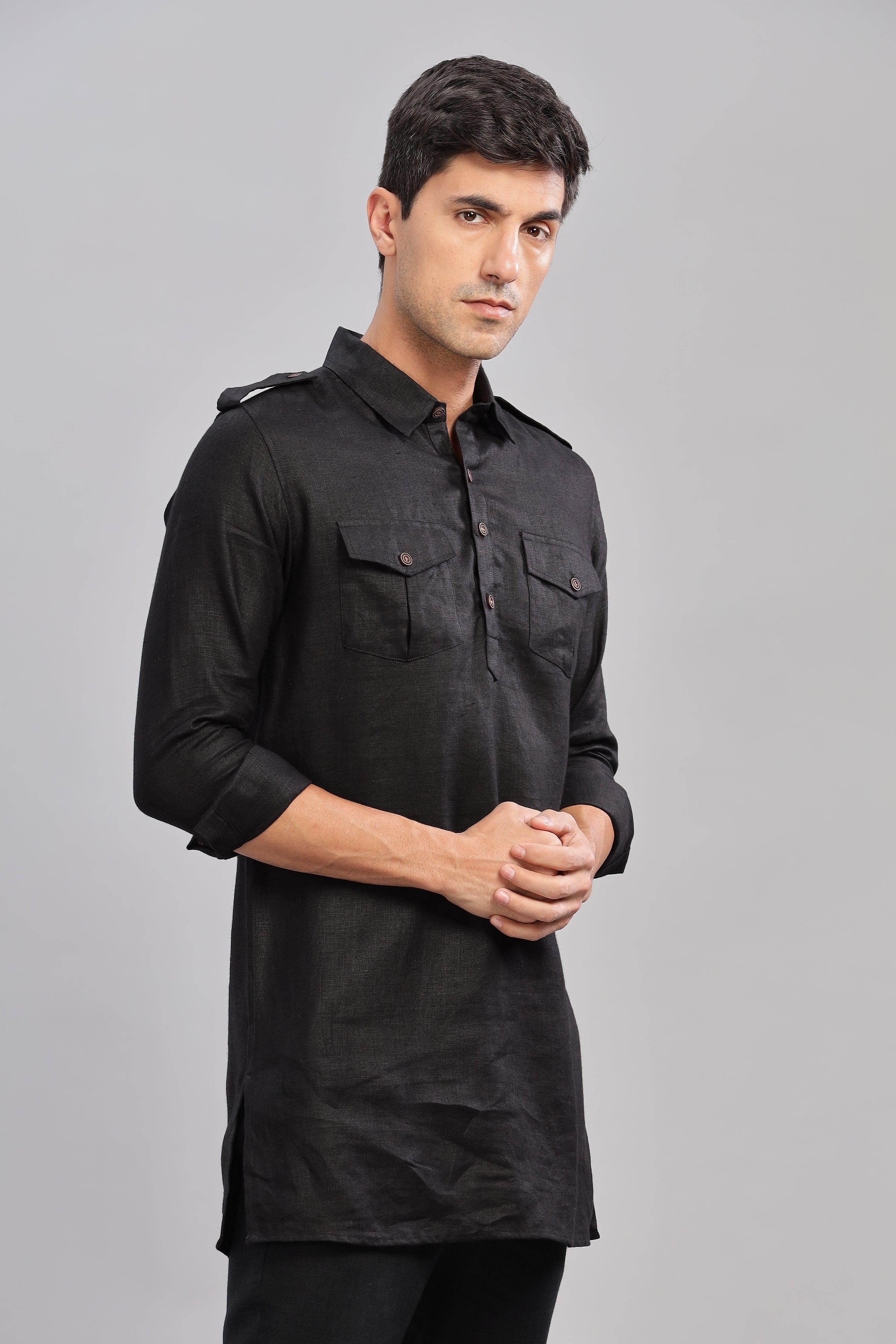 SPARSH - Unbridled Masculinity 100% French Linen Black Kurta Double Pocket