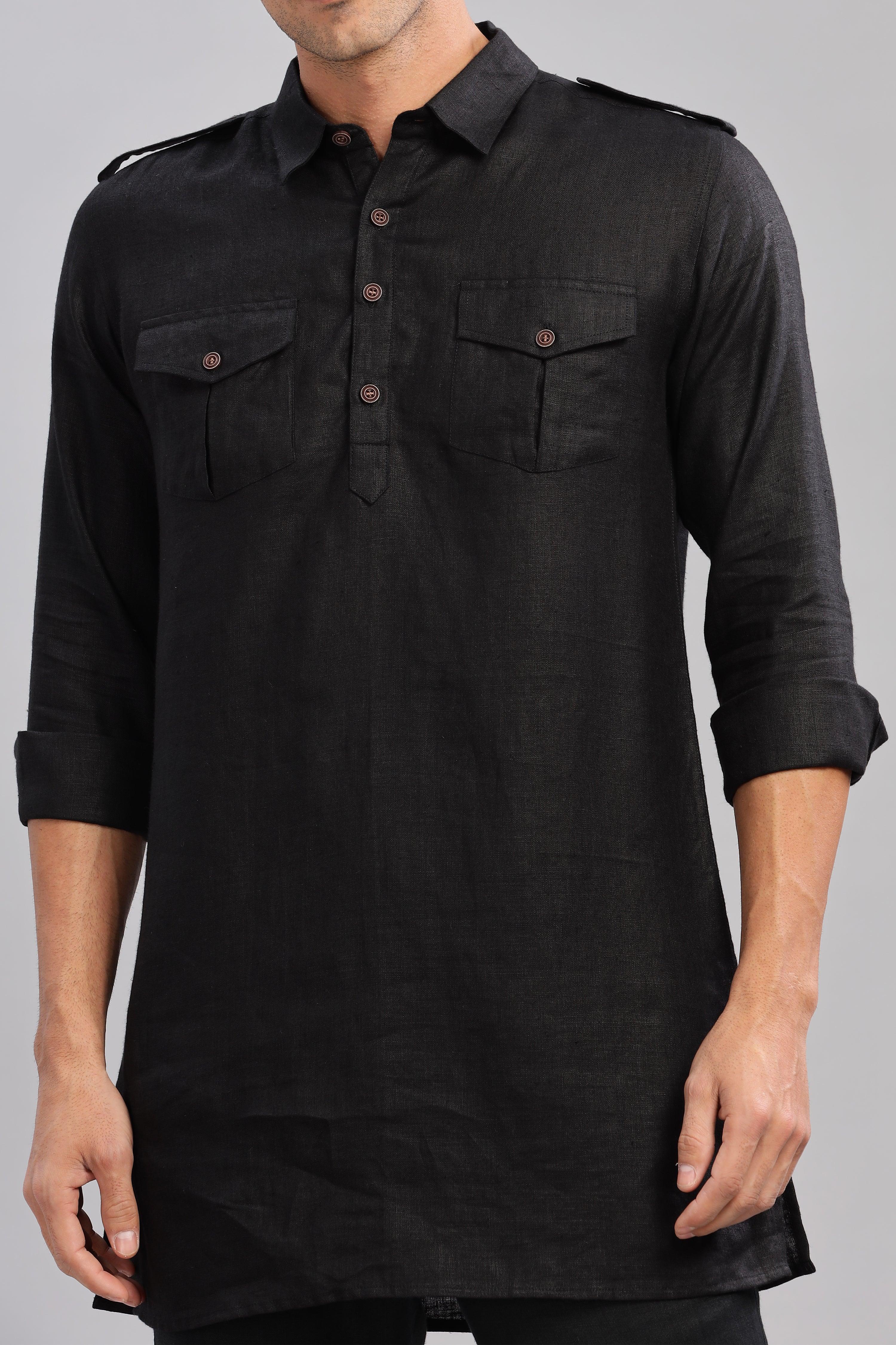 SPARSH - Unbridled Masculinity 100% French Linen Black Kurta Double Pocket