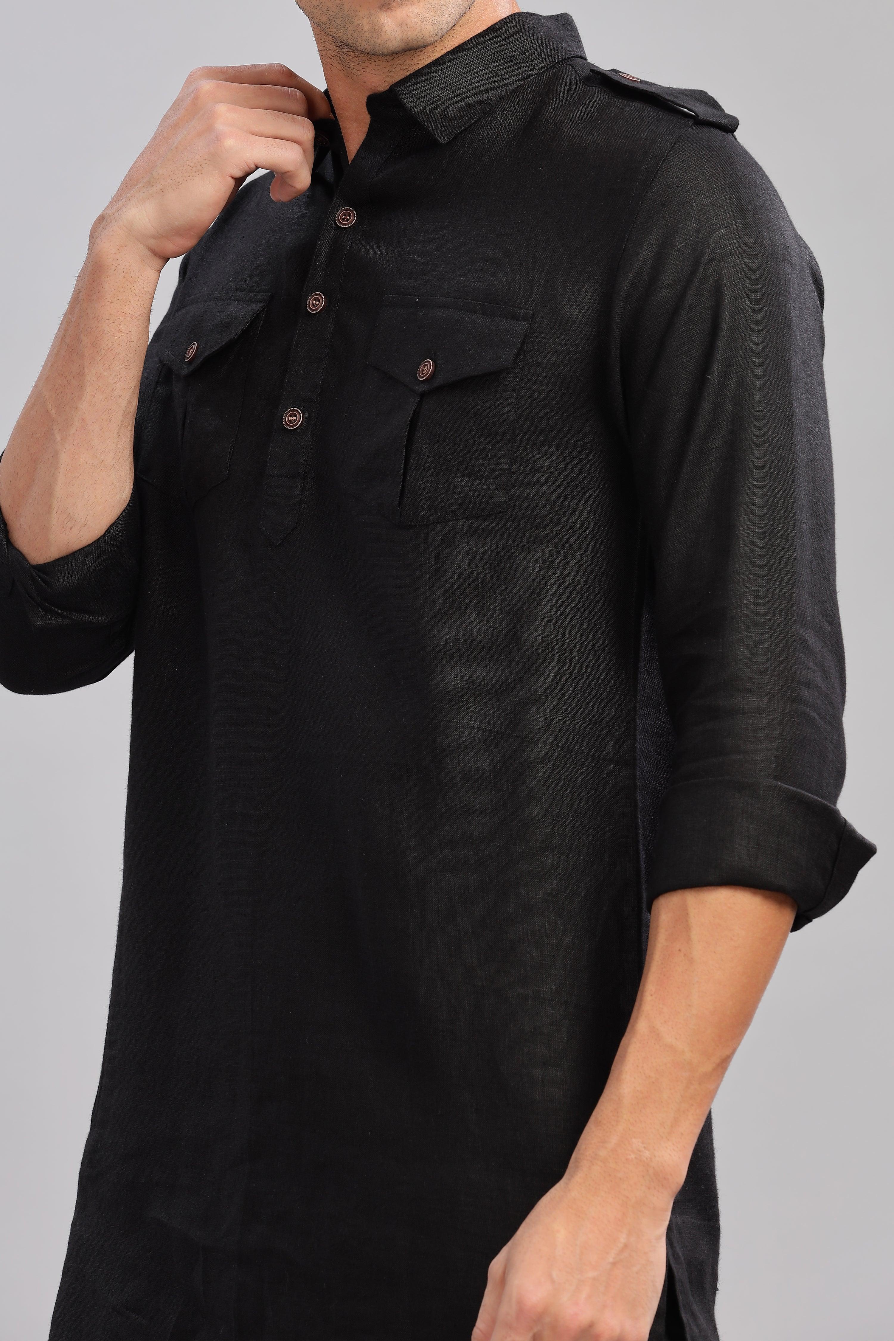 SPARSH - Unbridled Masculinity 100% French Linen Black Kurta Double Pocket