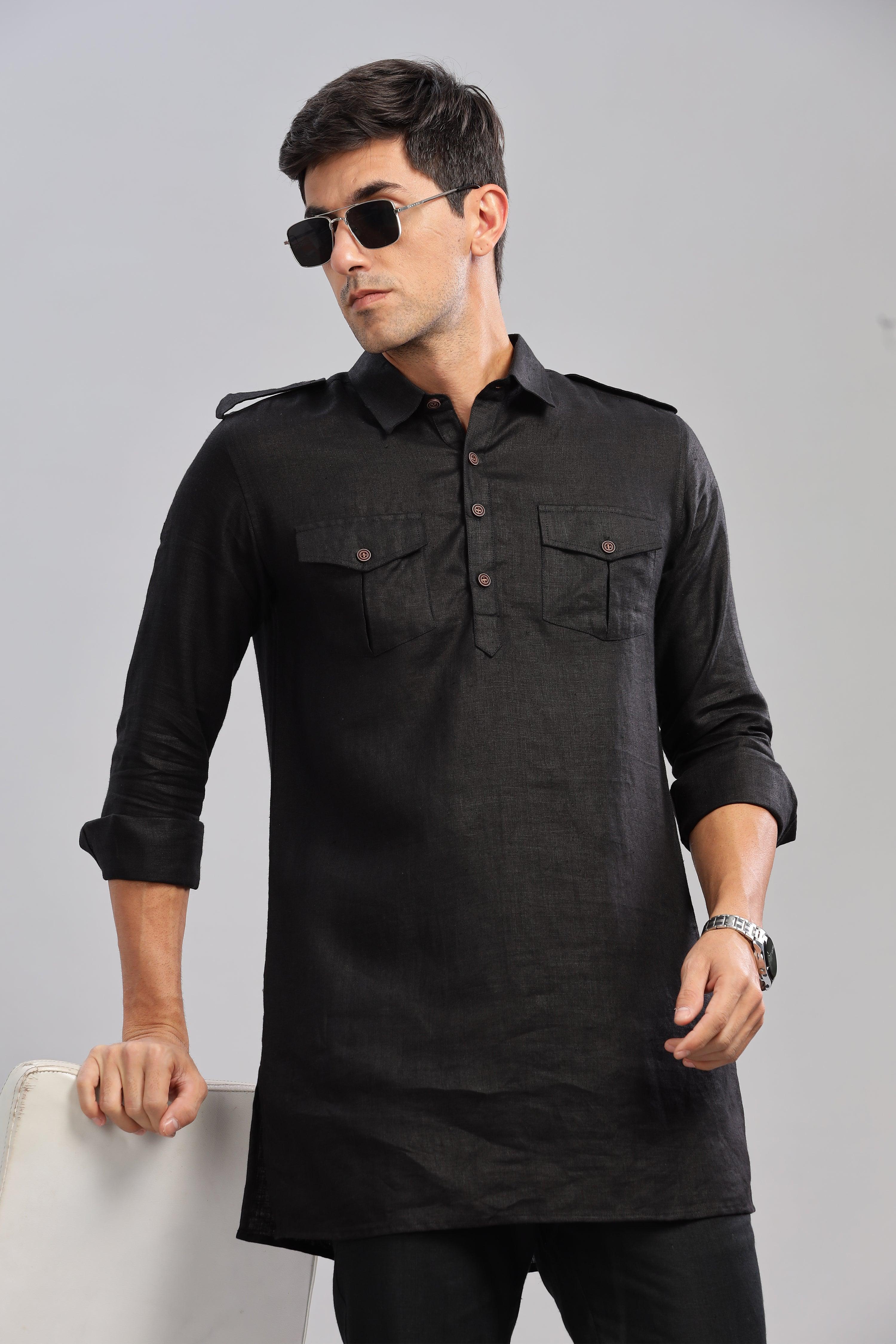 SPARSH - Unbridled Masculinity 100% French Linen Black Kurta Double Pocket