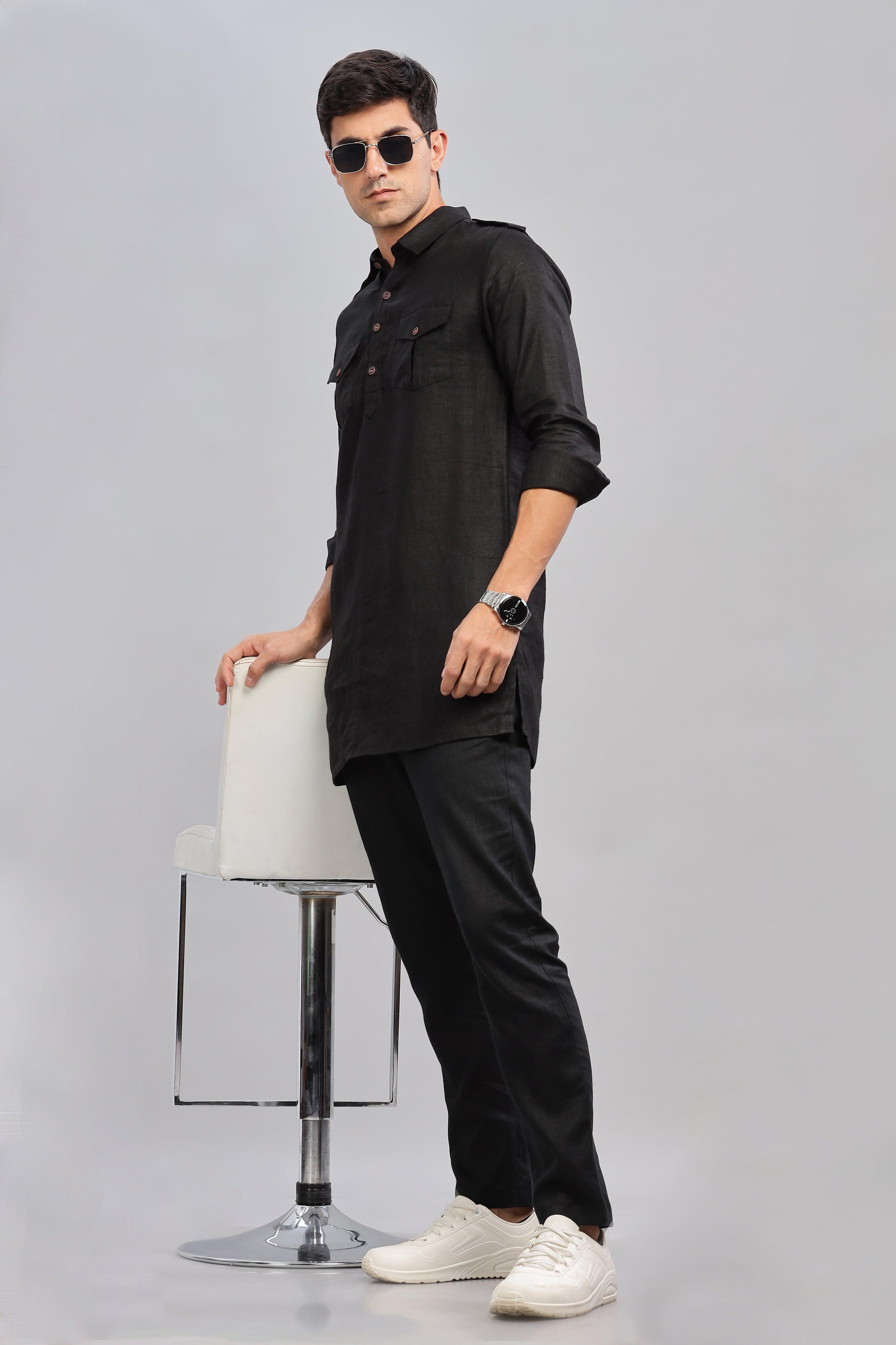 SPARSH - Unbridled Masculinity 100% French Linen Black Kurta Double Pocket