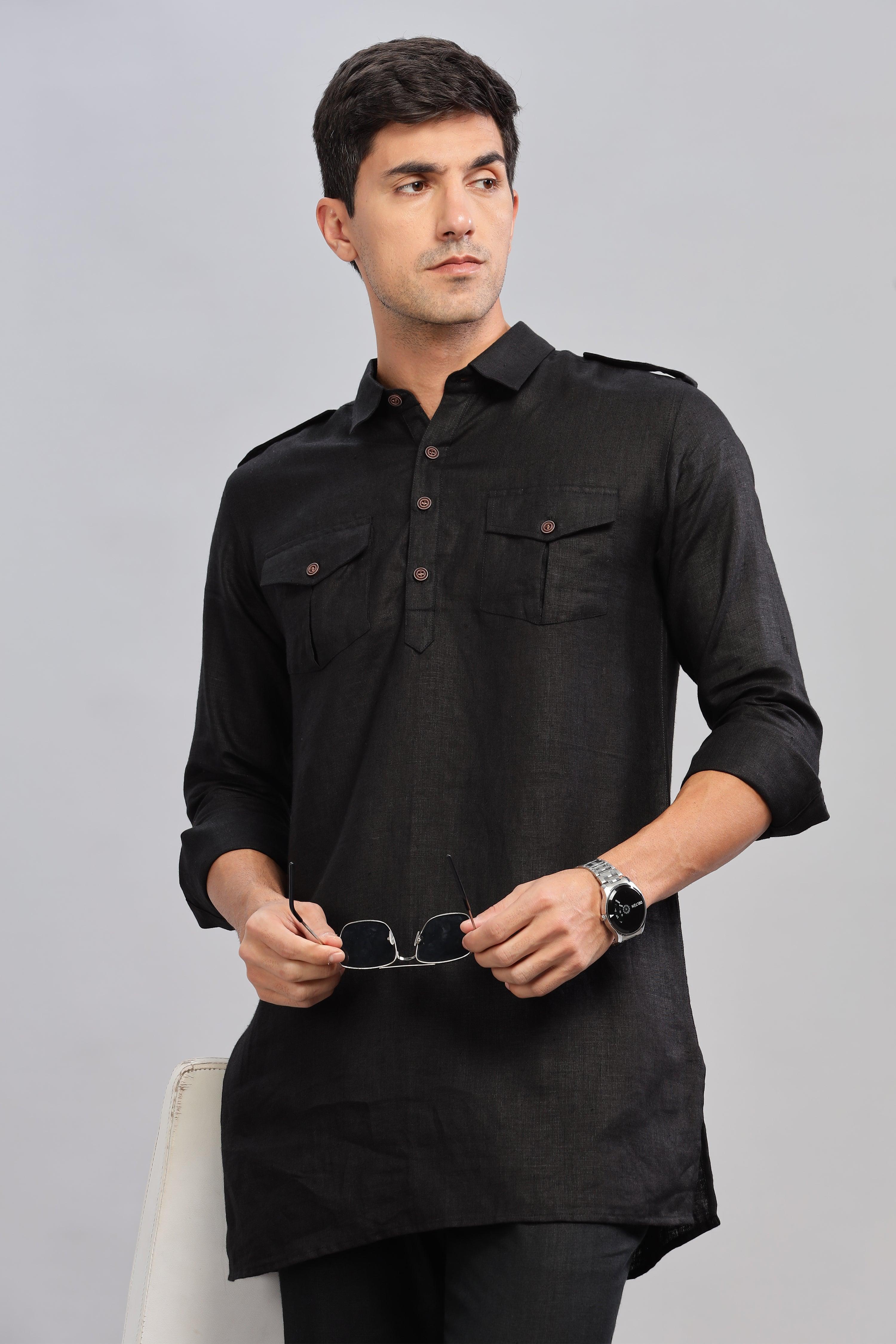 SPARSH - Unbridled Masculinity 100% French Linen Black Kurta Double Pocket