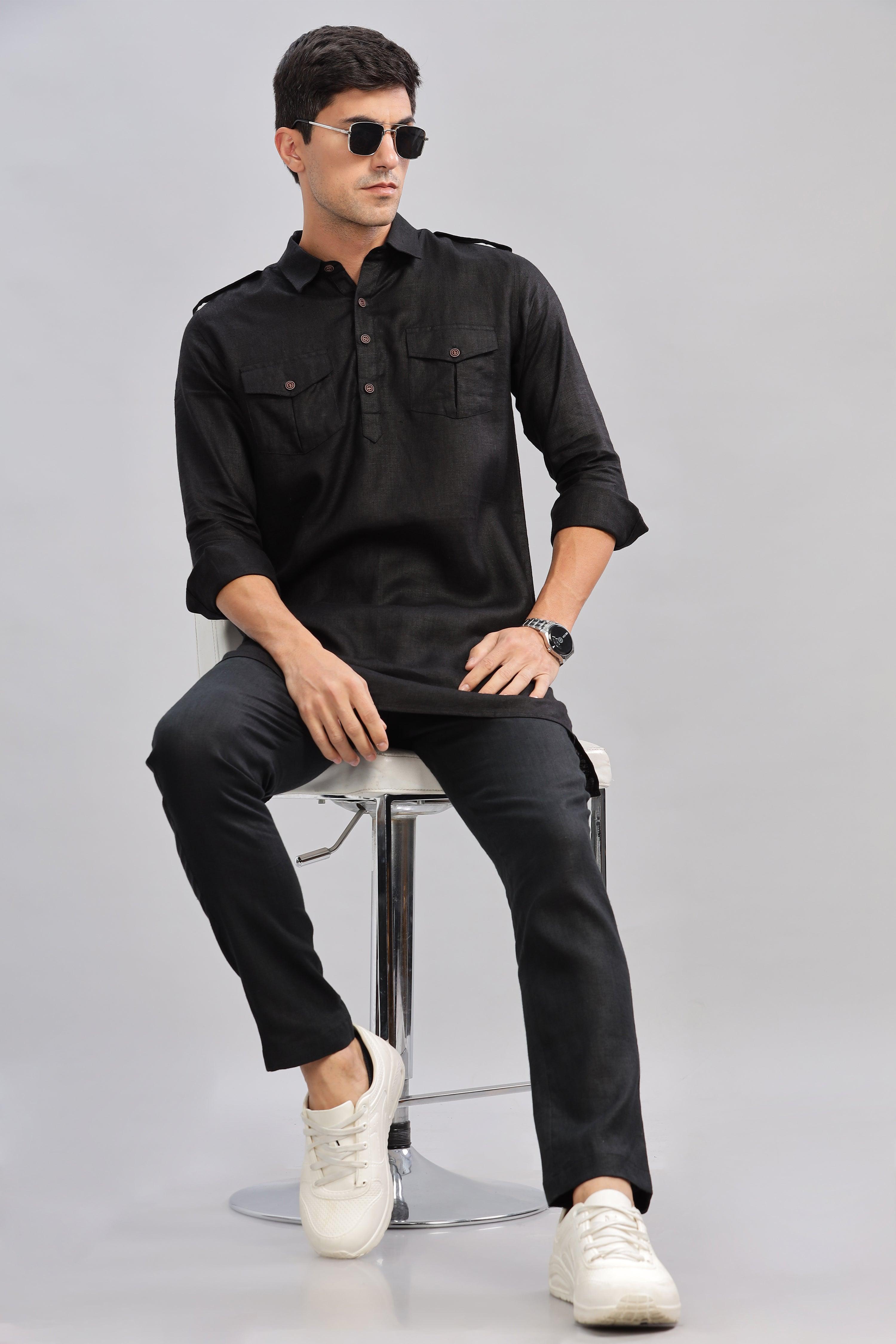 SPARSH - Unbridled Masculinity 100% French Linen Black Kurta Double Pocket
