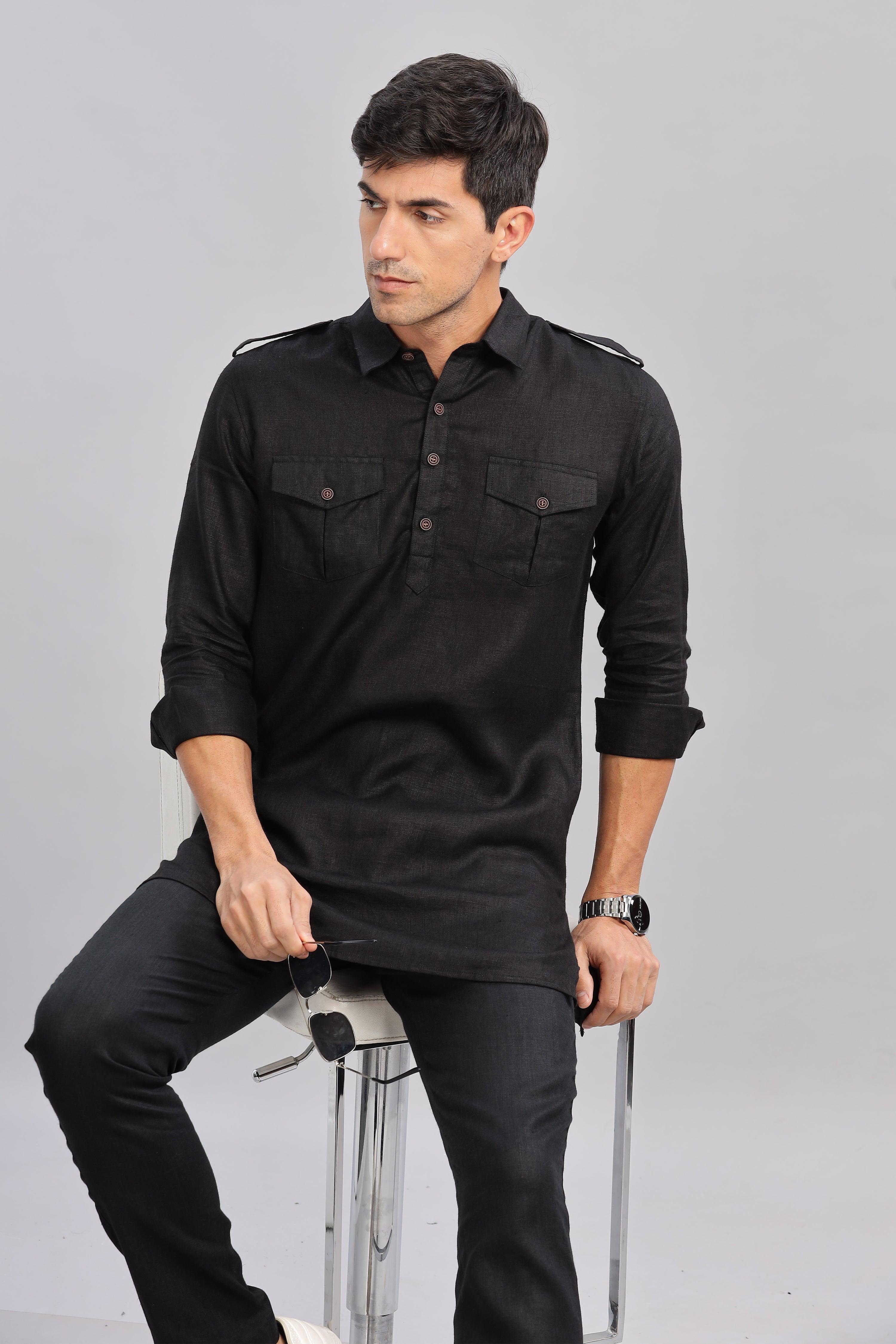 SPARSH - Unbridled Masculinity 100% French Linen Black Kurta Double Pocket