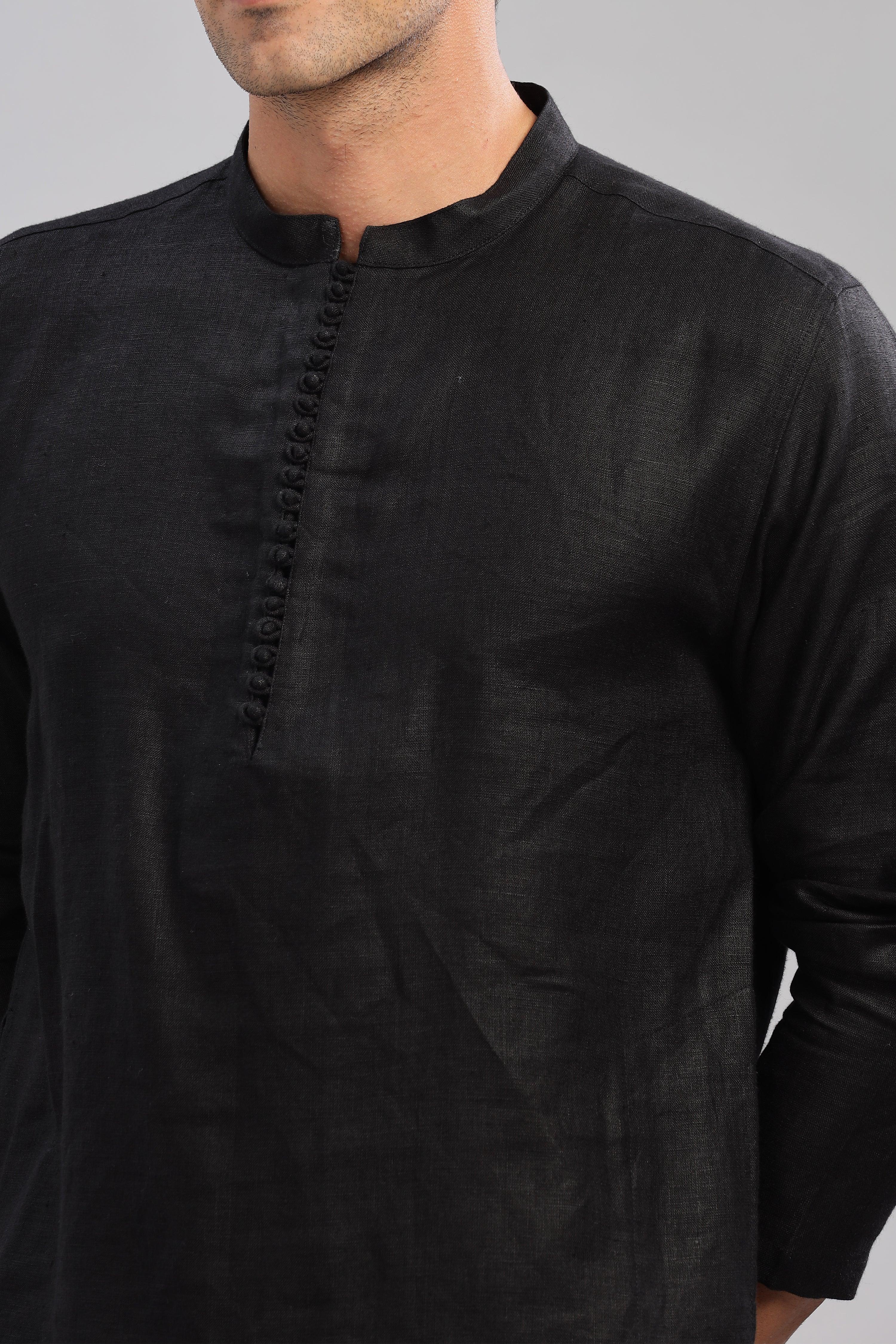 VIVAAN - Handcrafted Luxury 100% Pure Linen Black Kurta