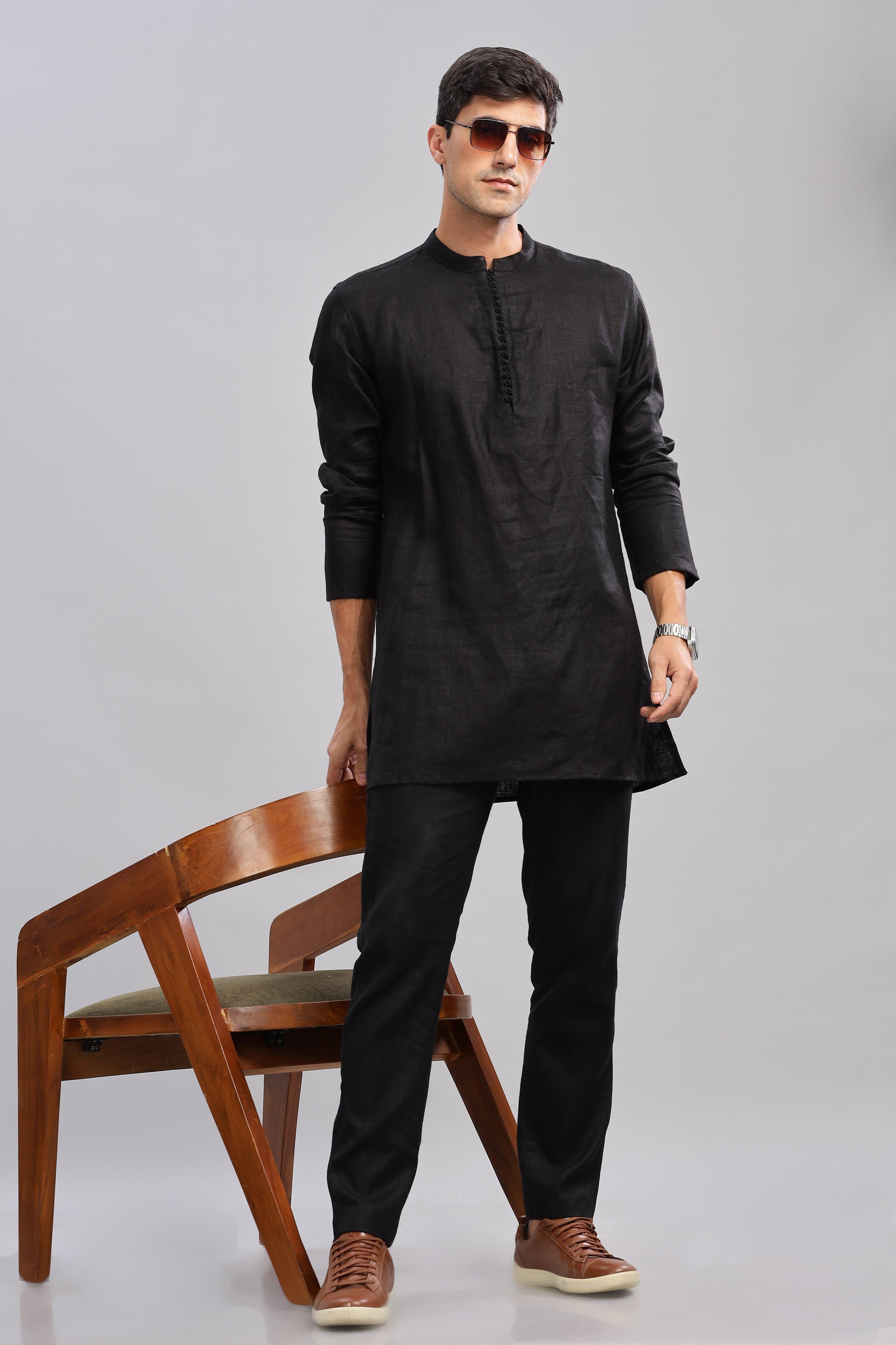 VIVAAN - Handcrafted Luxury 100% Pure Linen Black Kurta