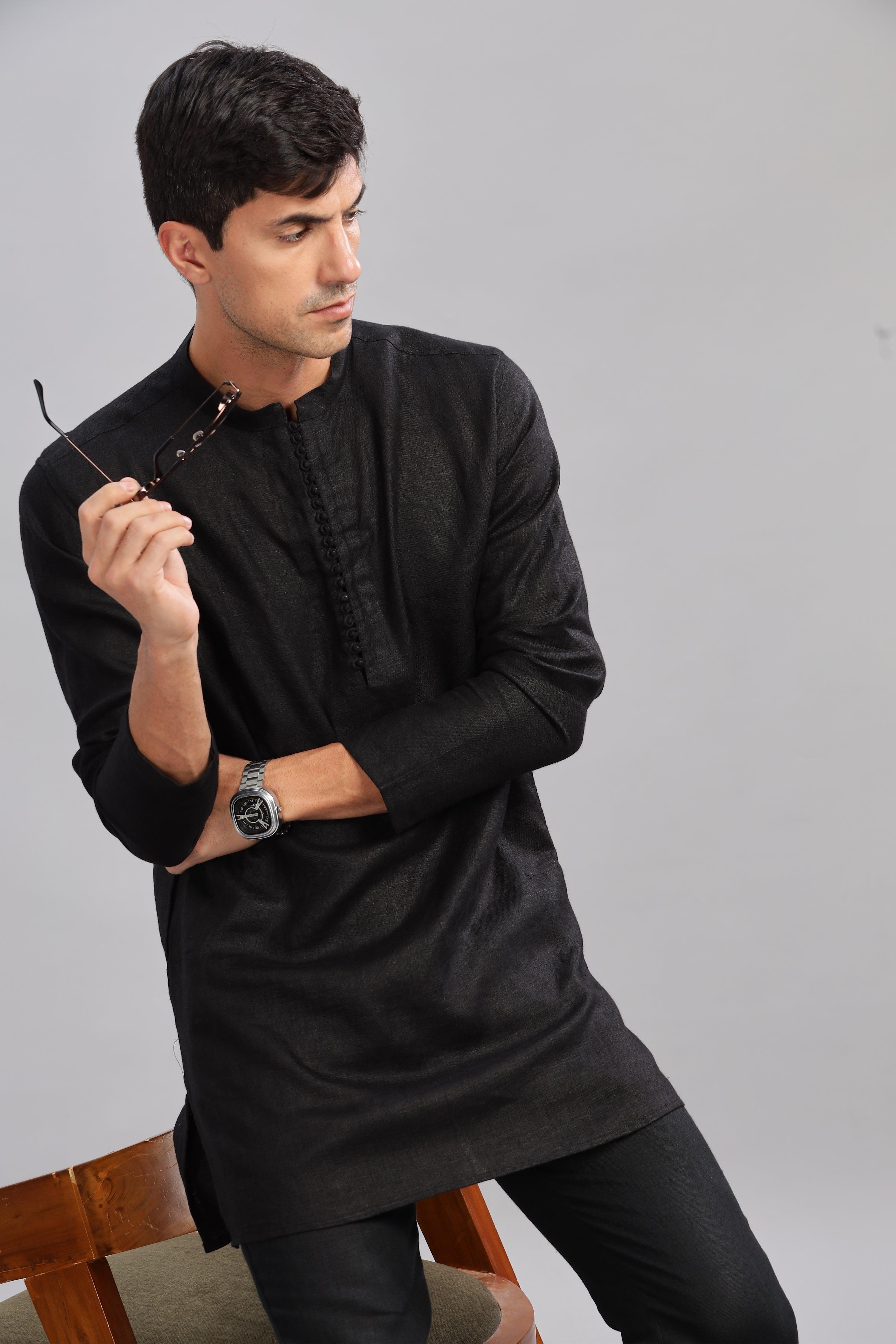 VIVAAN - Handcrafted Luxury 100% Pure Linen Black Kurta