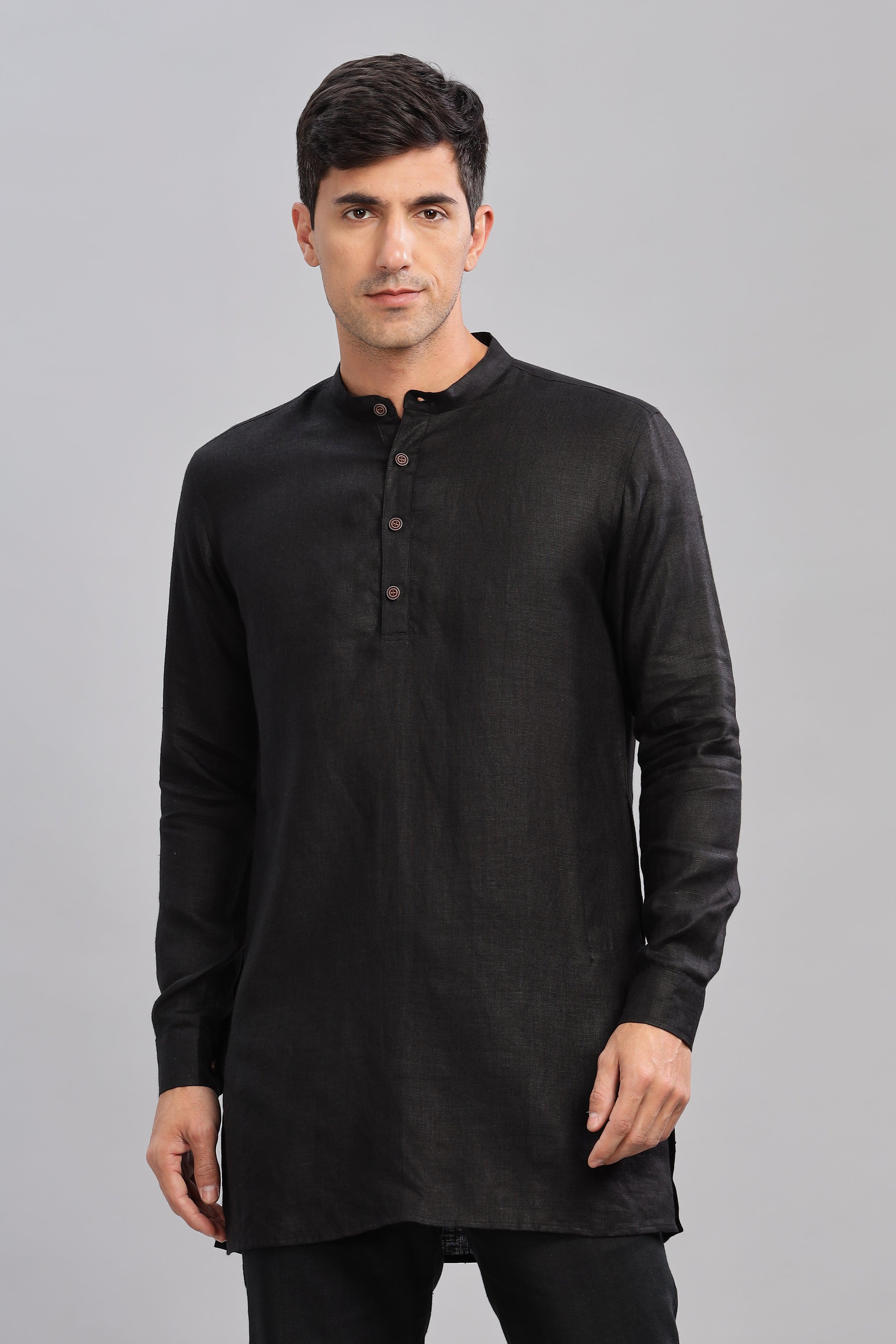 AARAV - Elegant Simplicity Pure Linen Black Kurta