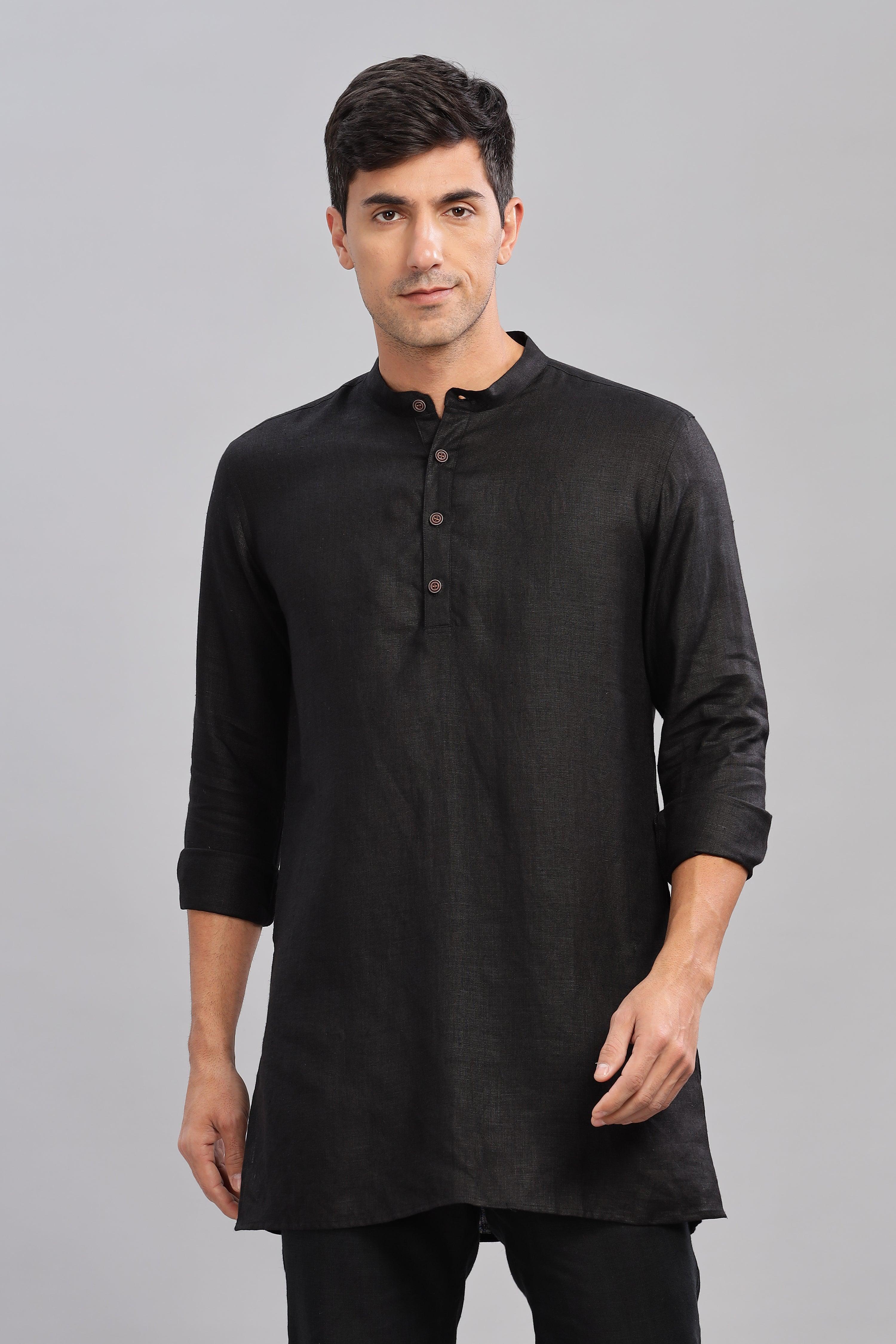 AARAV - Elegant Simplicity Pure Linen Black Kurta