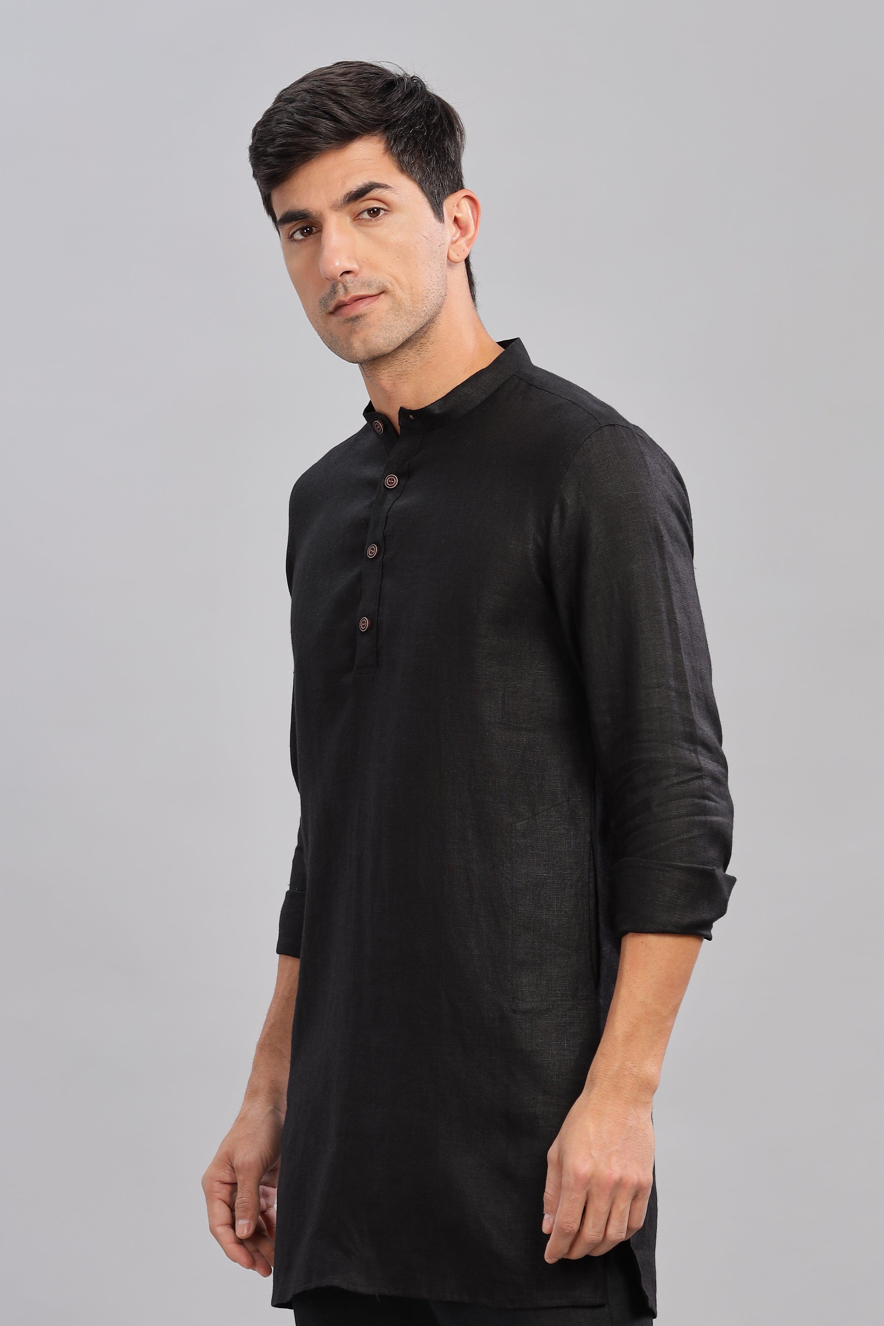 AARAV - Elegant Simplicity Pure Linen Black Kurta Sets