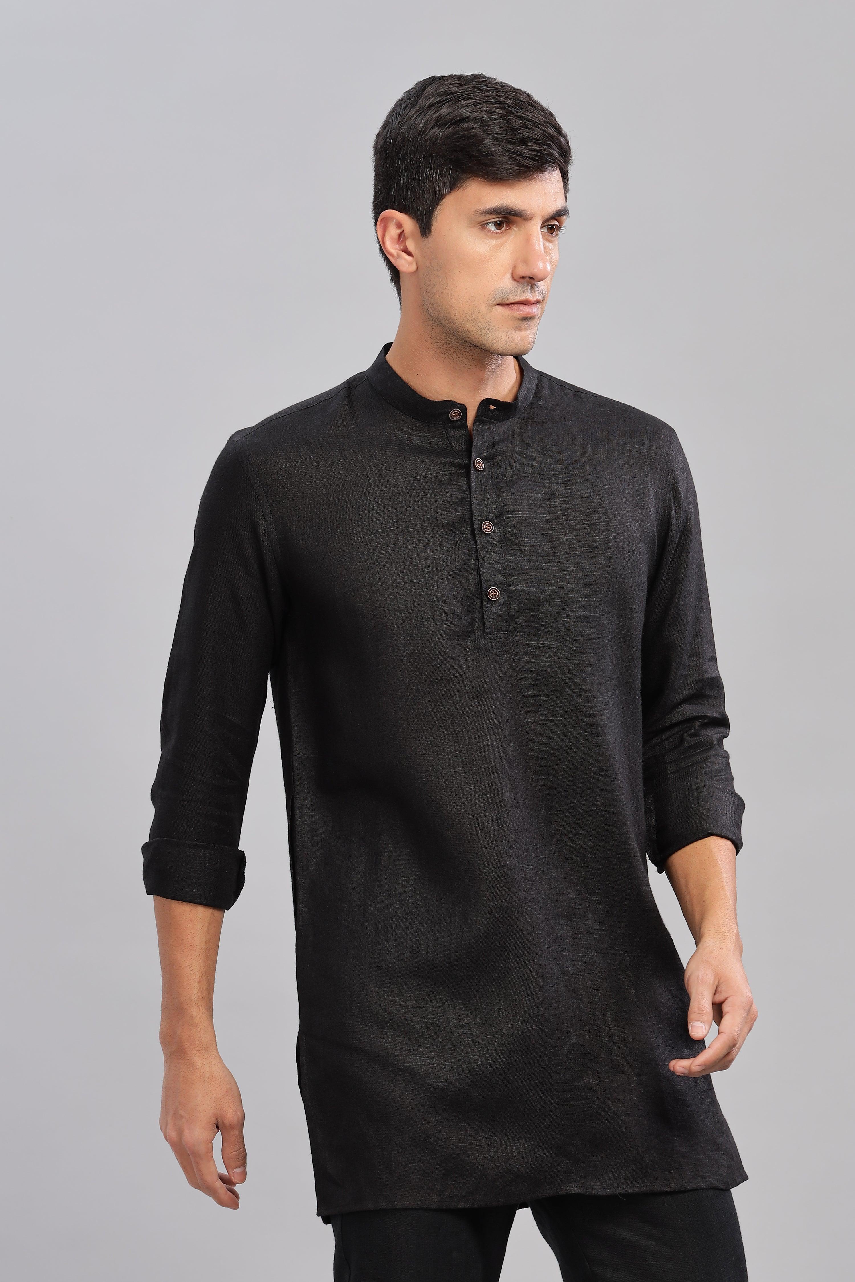 AARAV - Elegant Simplicity Pure Linen Black Kurta Sets