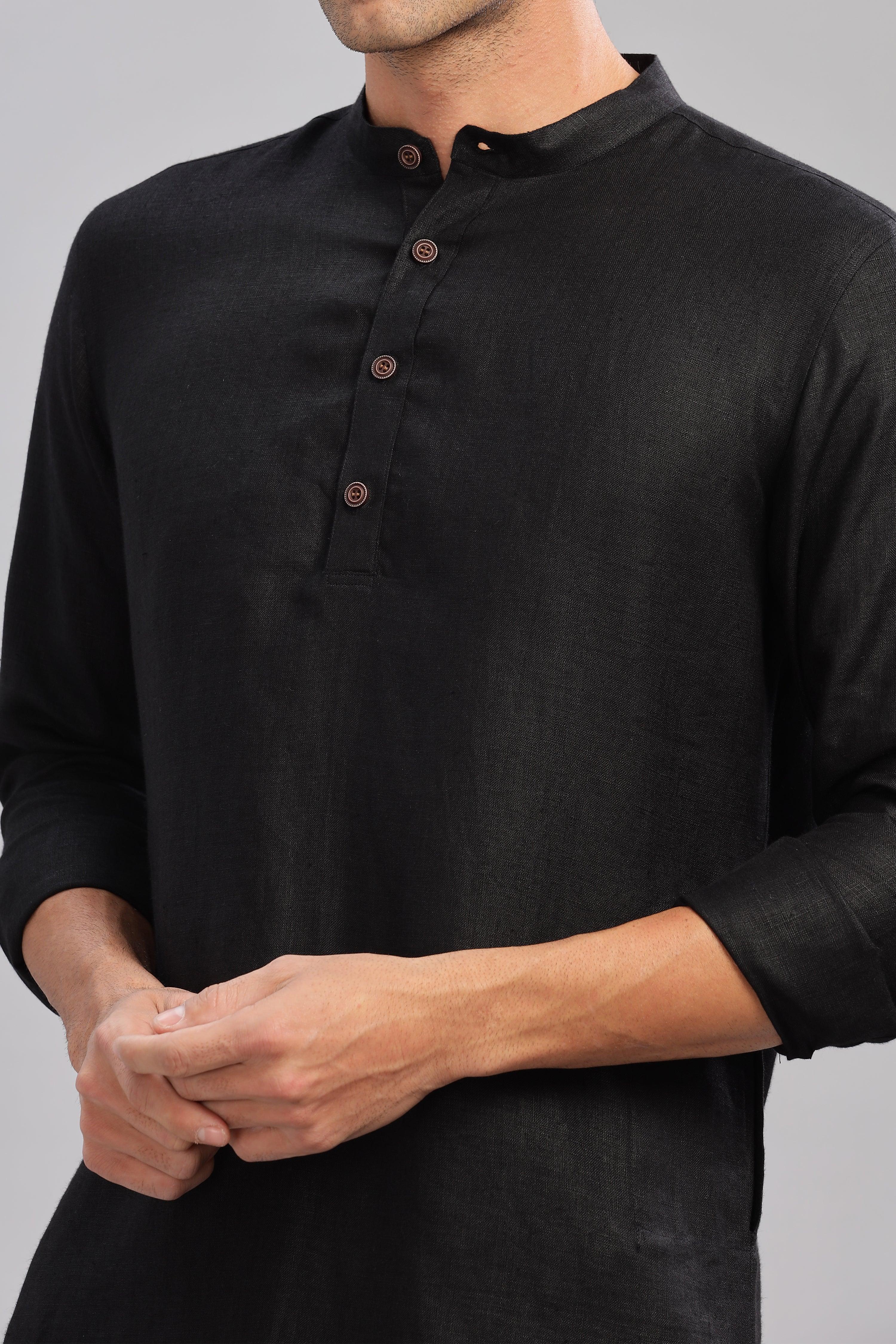 AARAV - Elegant Simplicity Pure Linen Black Kurta