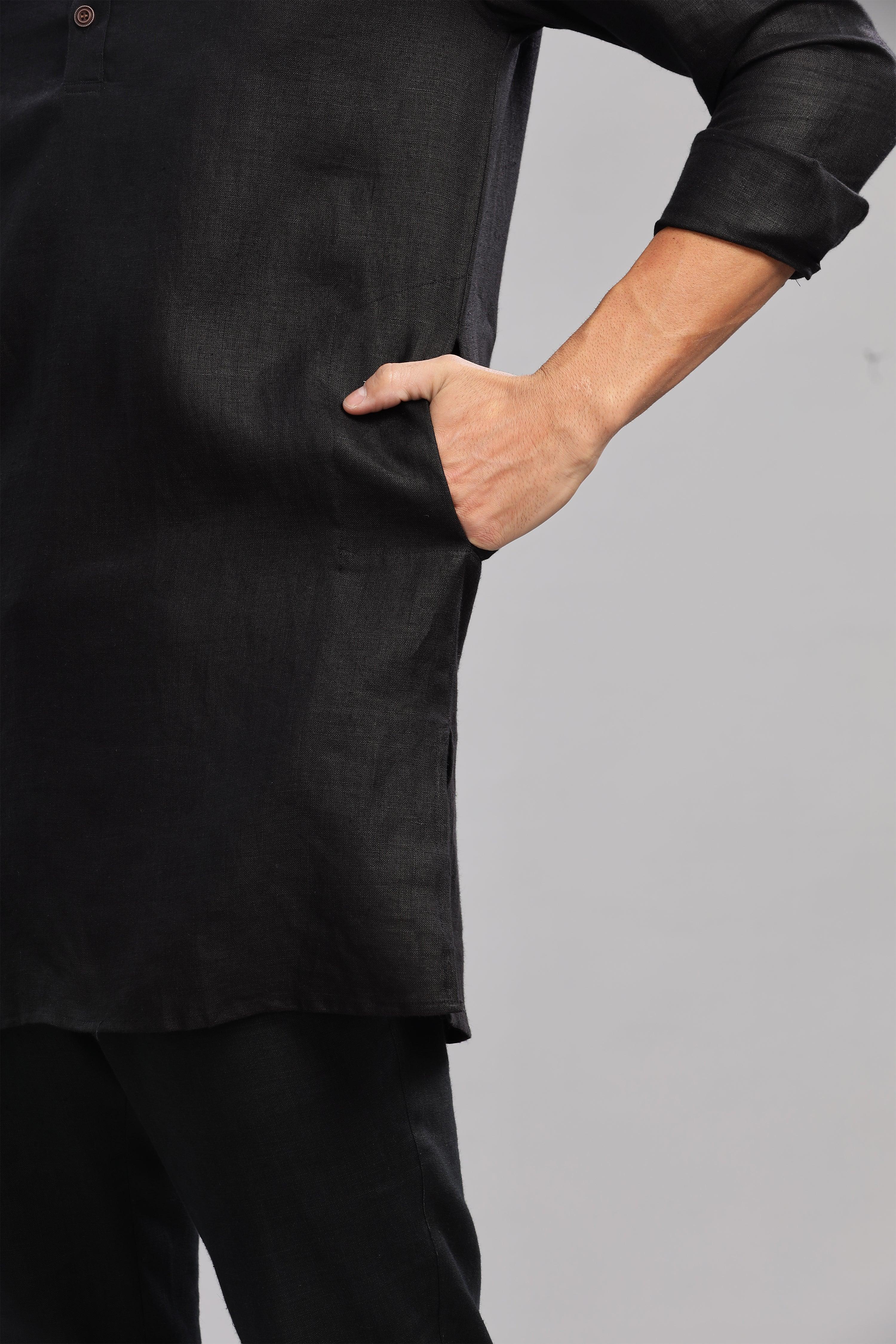 AARAV - Elegant Simplicity Pure Linen Black Kurta