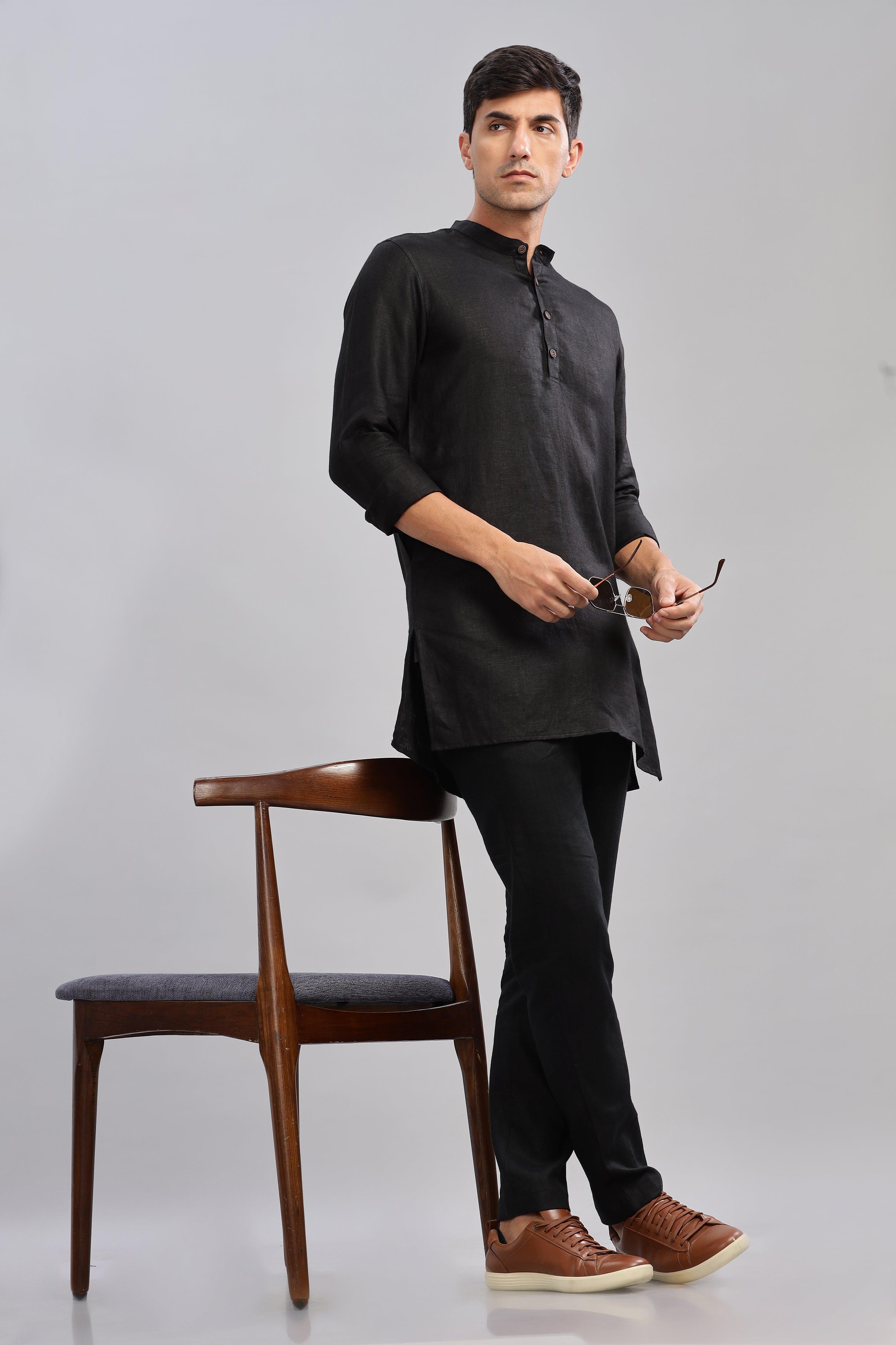 AARAV - Elegant Simplicity Pure Linen Black Kurta